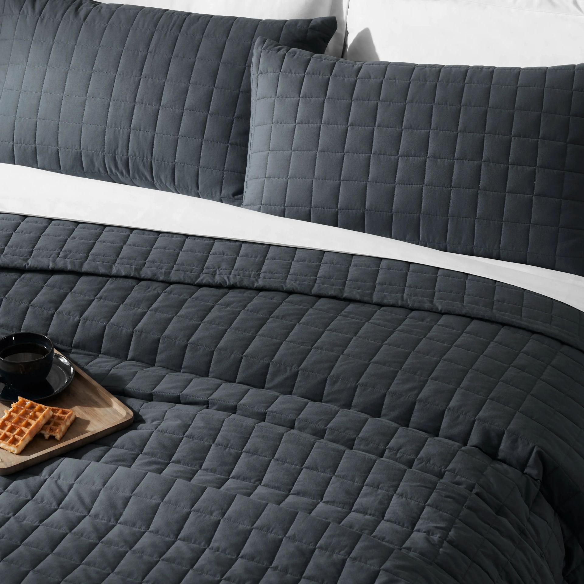 Box Quilted Solid 200 TC 100% Cotton Percale Charcoal King Bed Cover Set | Nuvola