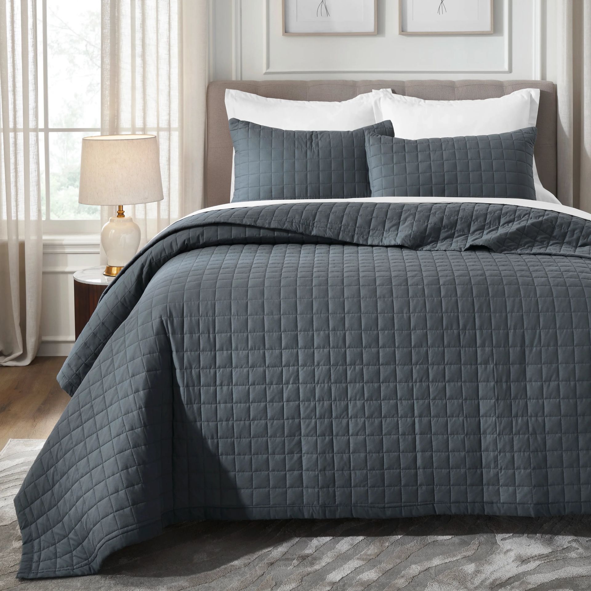 Box Quilted Solid 200 TC 100% Cotton Percale Charcoal King Bed Cover Set | Nuvola