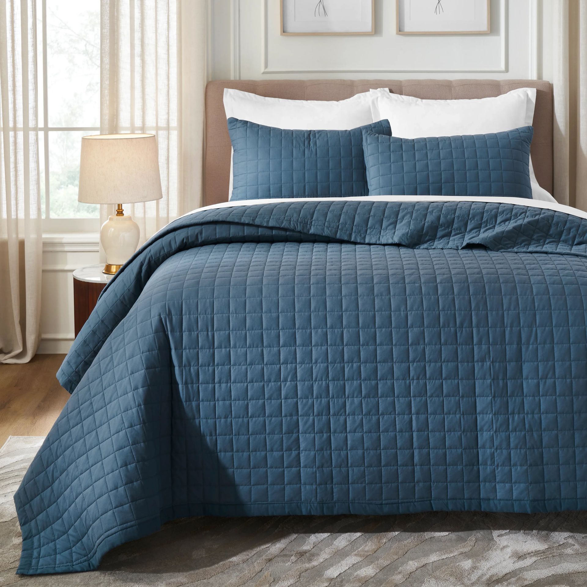 Box Quilted Solid 200 TC 100% Cotton Percale Estate Blue King Bed Cover Set | Nuvola