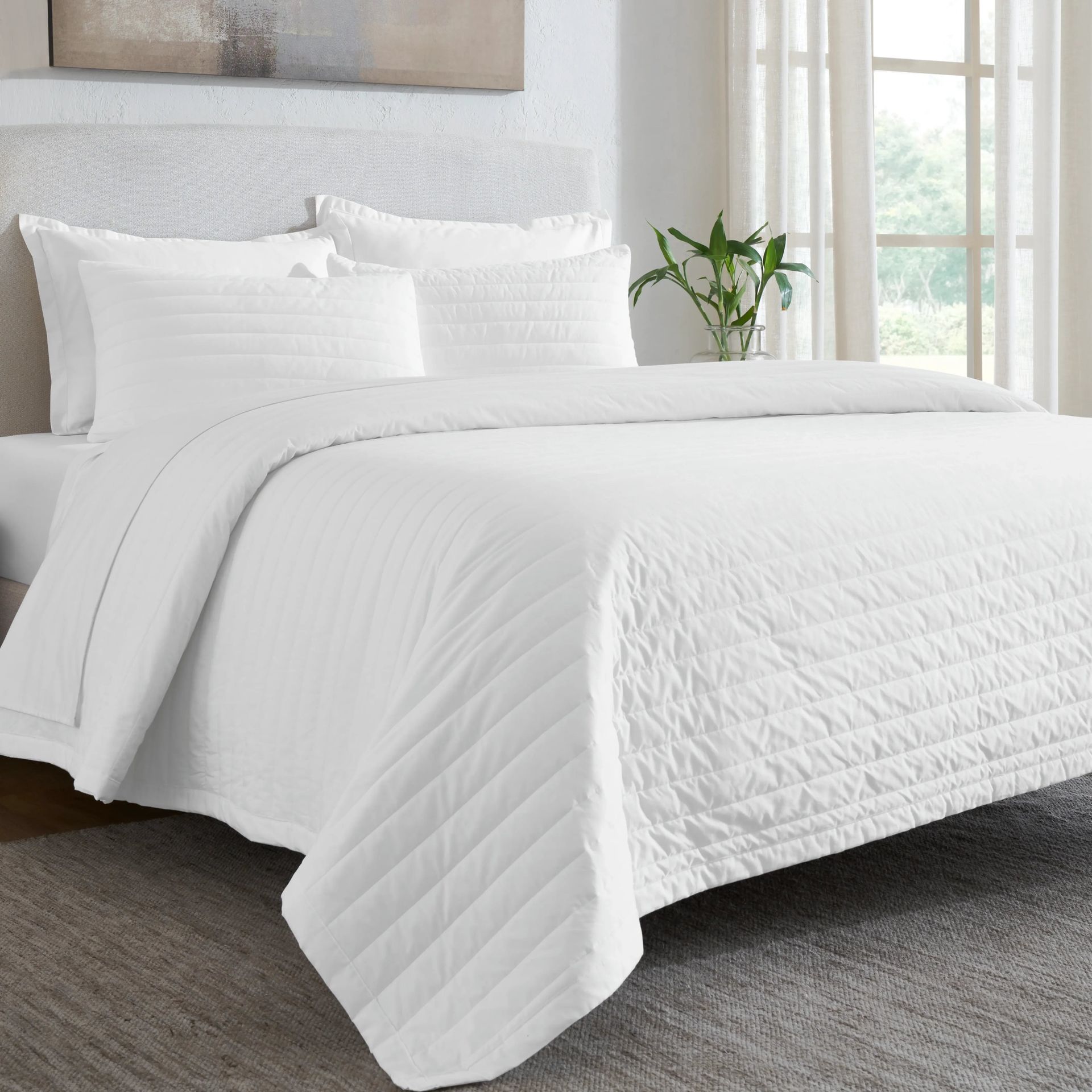 Straight Quilted Solid 200 TC 100% Cotton Percale Optical White King Bed Cover Set | Nuvola