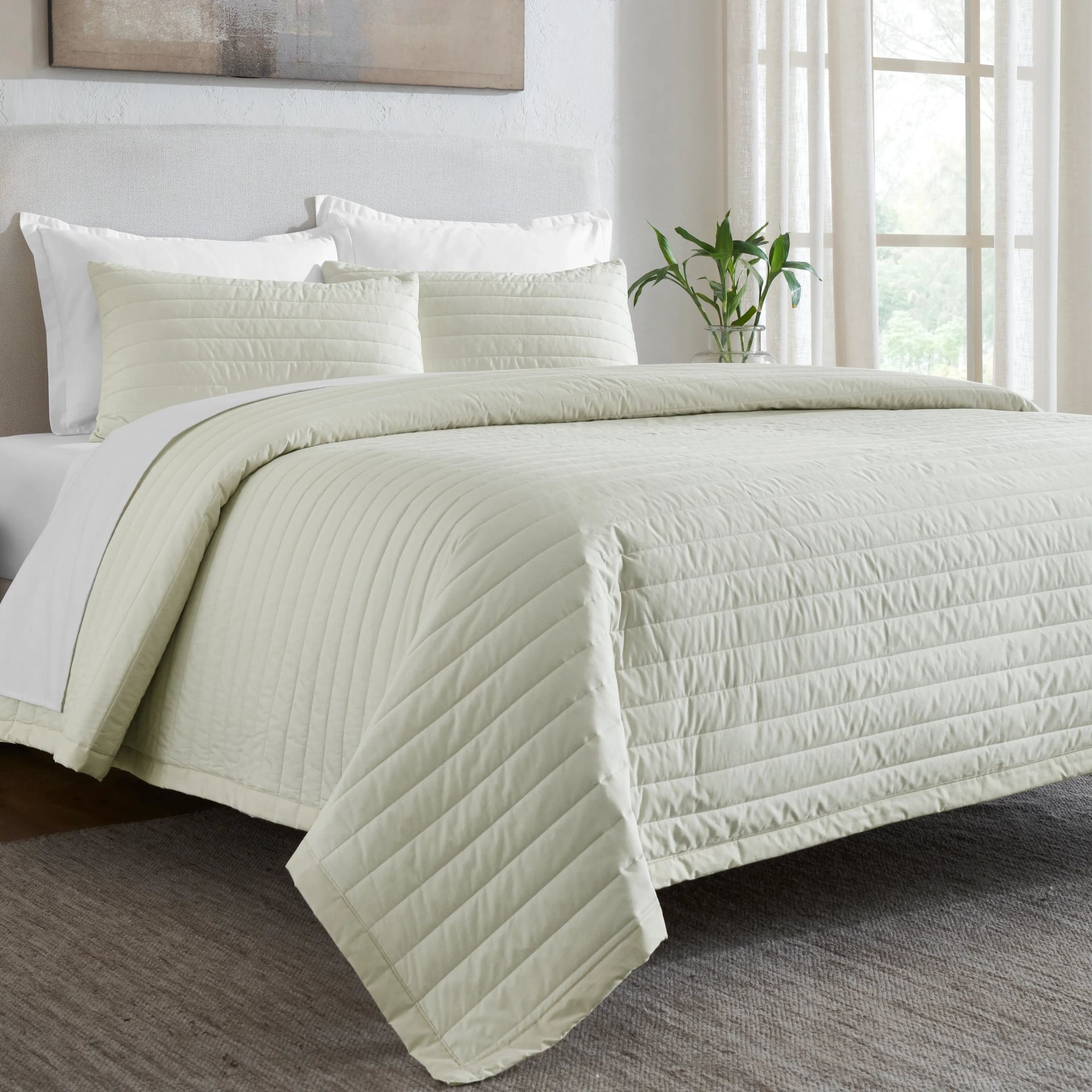 Straight Quilted Solid 200 TC 100% Cotton Percale Ivory King Bed Cover Set | Nuvola