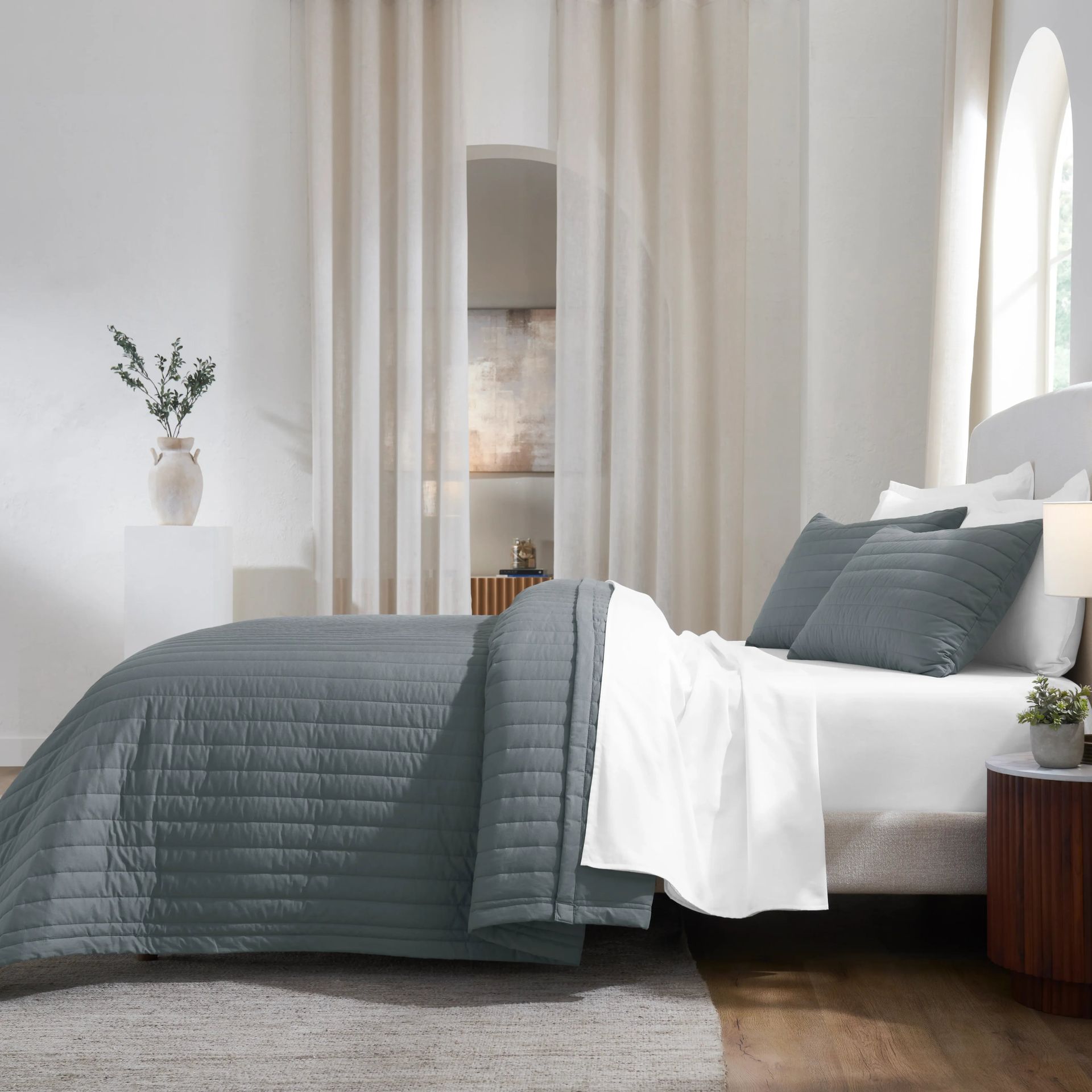 Straight Quilted Solid 200 TC 100% Cotton Percale Charcoal King Bed Cover Set | Nuvola
