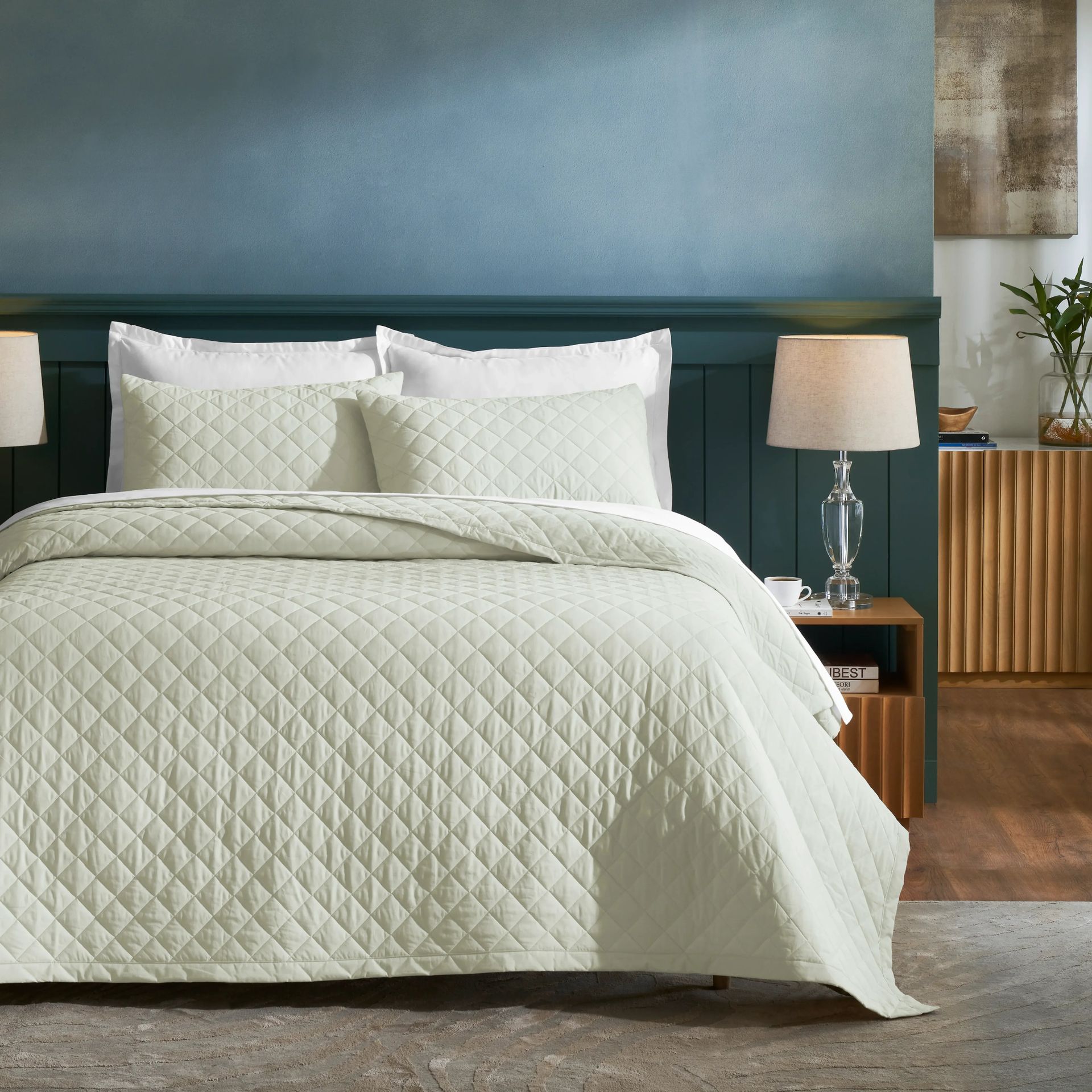 Diamond Quilted Solid 200 TC 100% Cotton Percale Ivory King Bed Cover Set | Nuvola