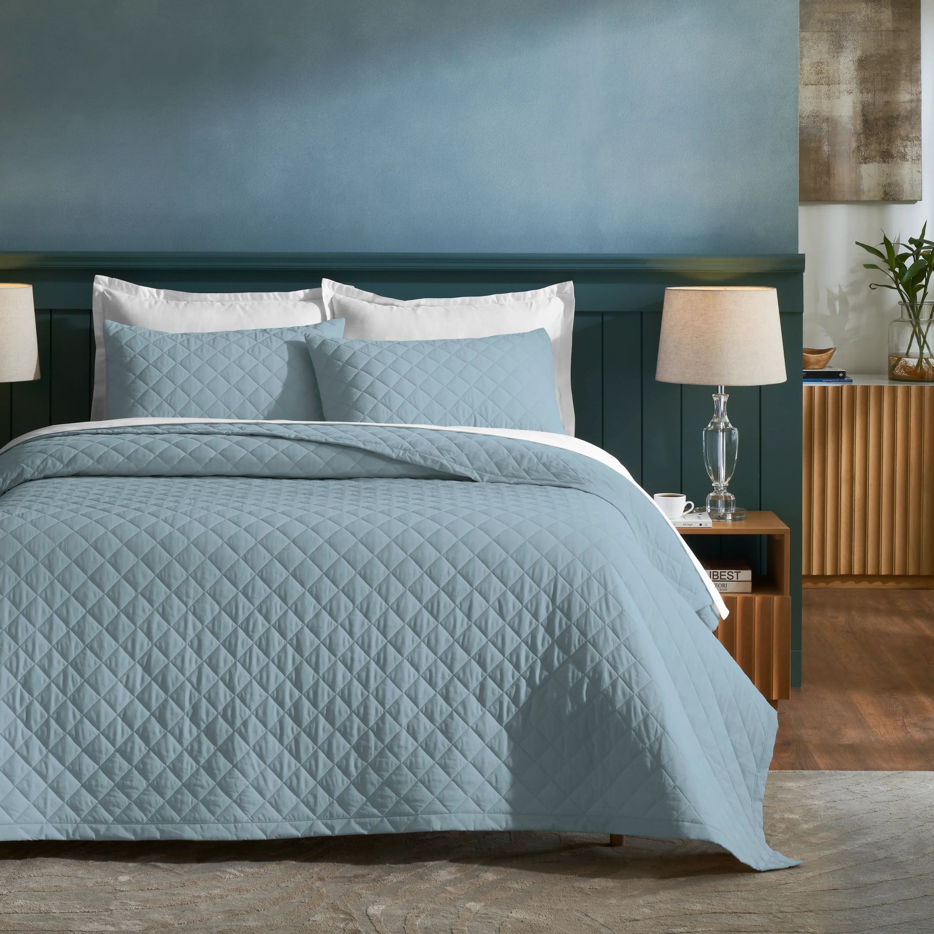 Diamond Quilted Solid 200 TC 100% Cotton Percale French Blue King Bed Cover Set | Nuvola