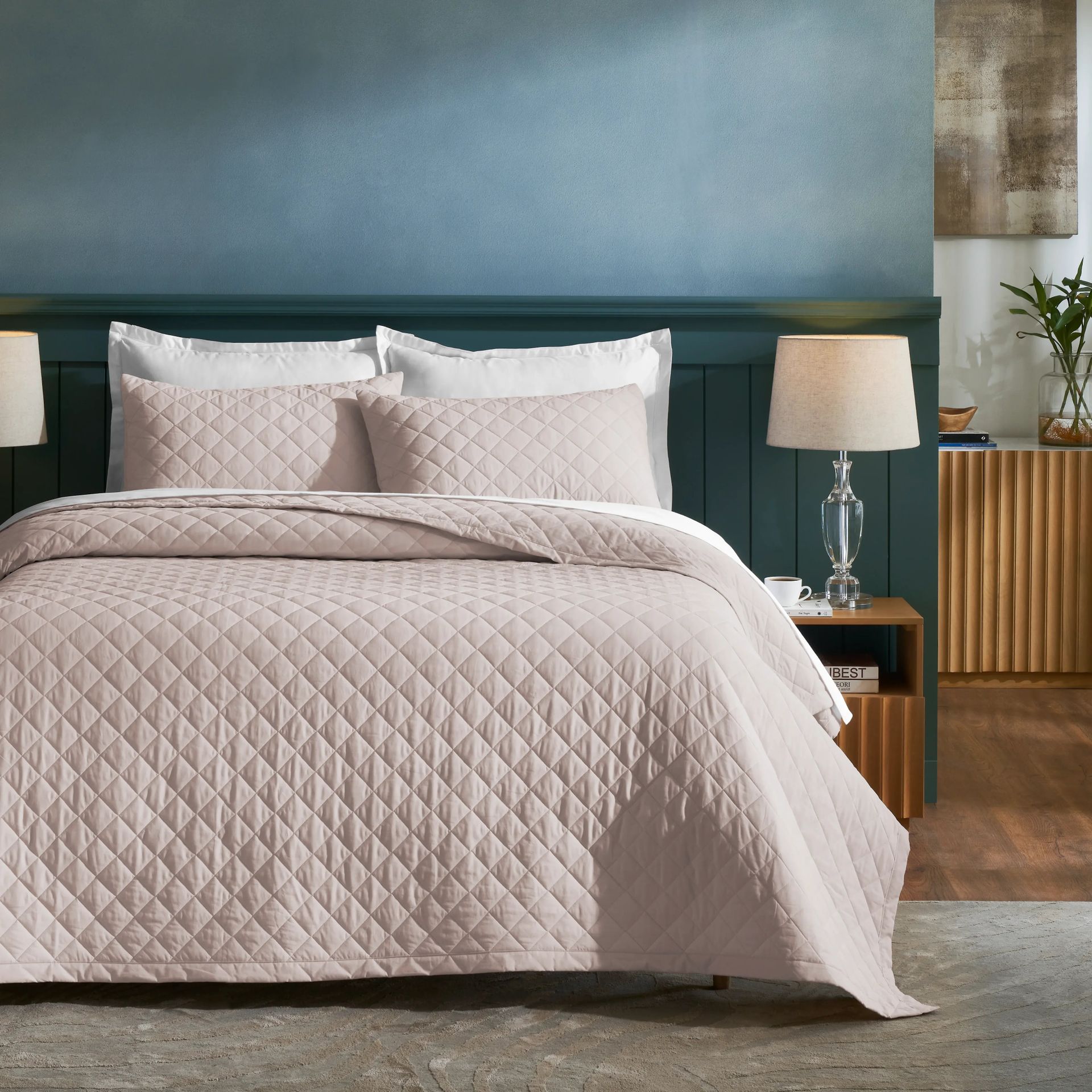 Diamond Quilted Solid 200 TC 100% Cotton Percale Sepia Rose King Bed Cover Set | Nuvola