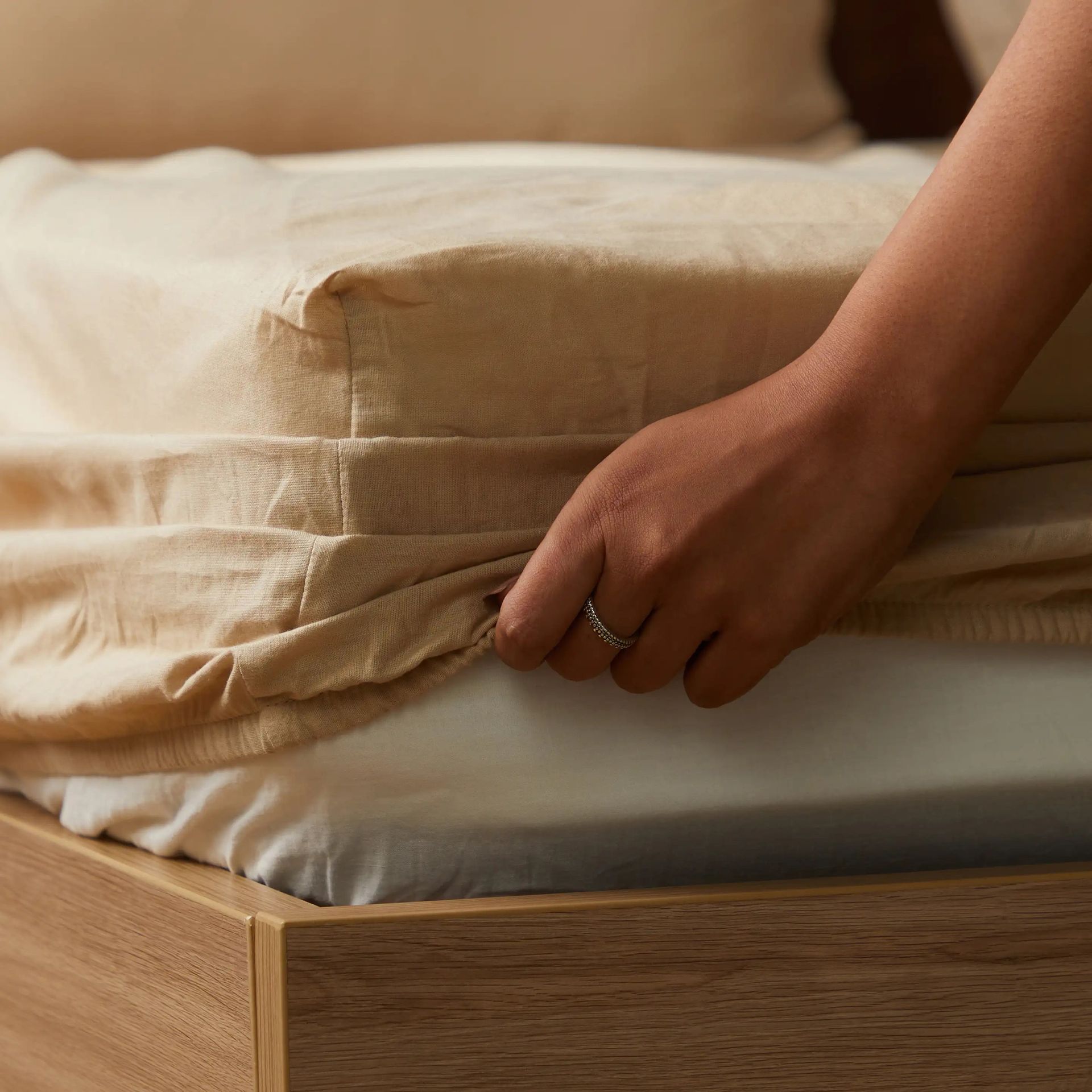 Solid Dyed 144 TC 100% Cotton Beige Queen Fitted Sheet Set | Paleto