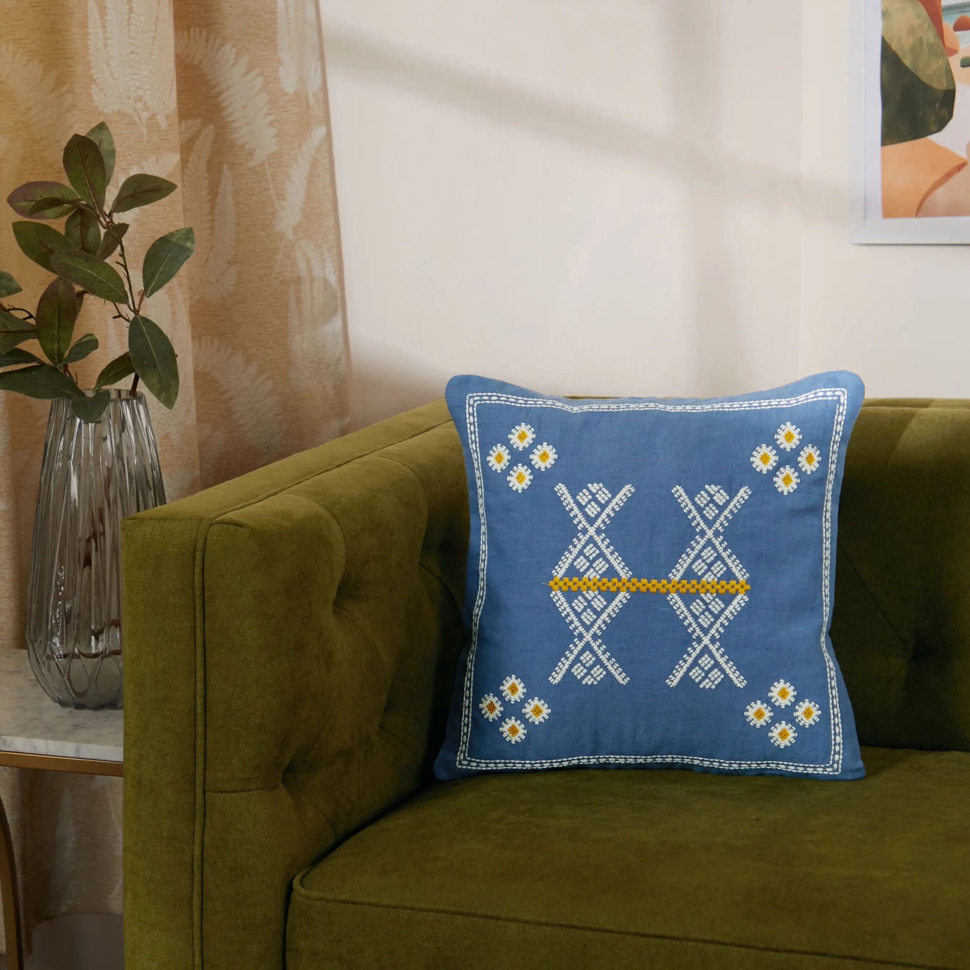 Ethnic 100% Linen Denim Blue Cushion Cover | Estrella