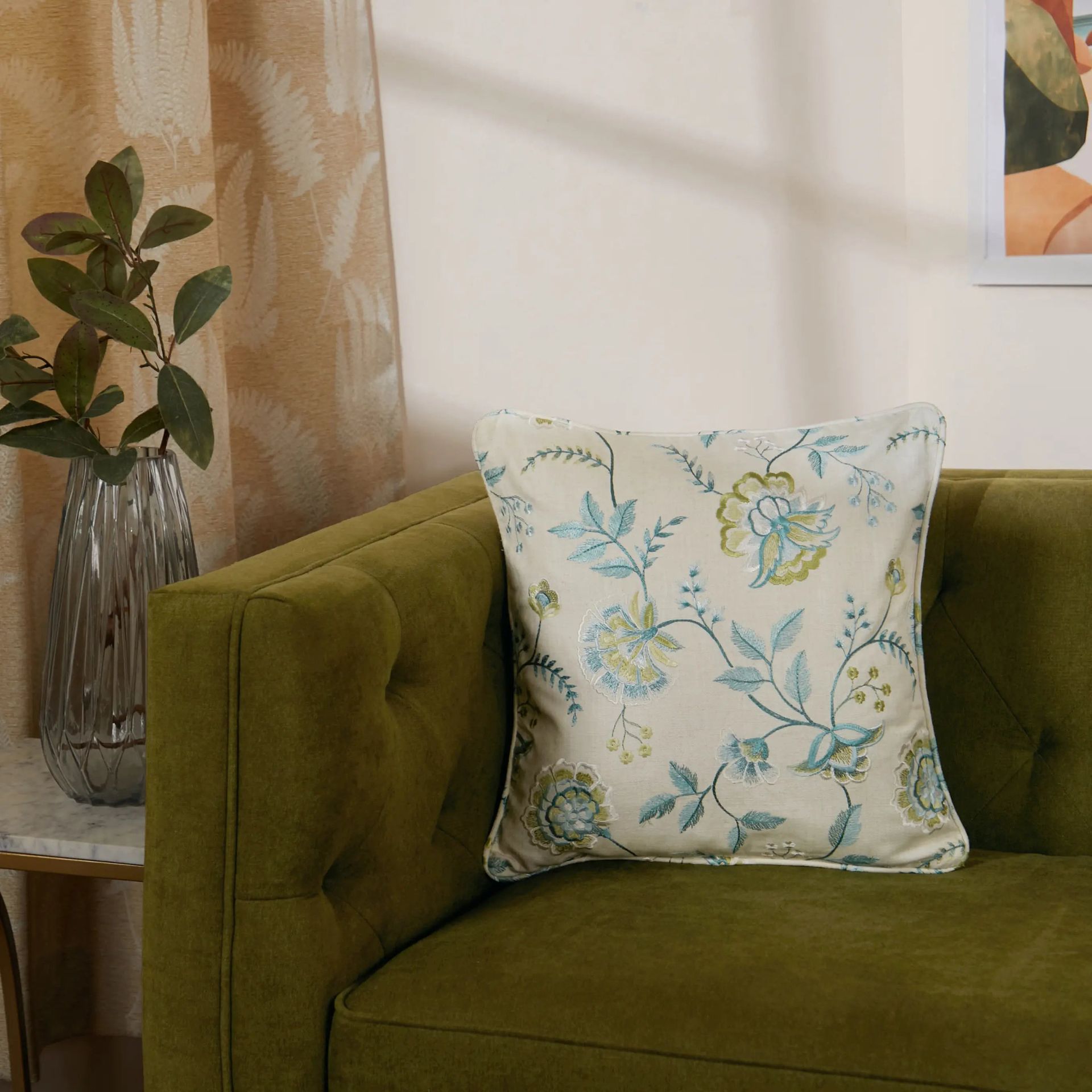 Floral Viscose Linen Blend Frosty Teal Cushion Cover | Estrella