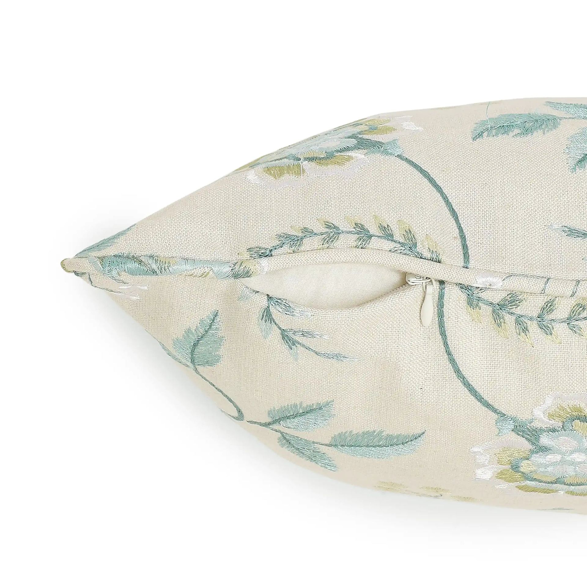Floral Viscose Linen Blend Frosty Teal Cushion Cover | Estrella