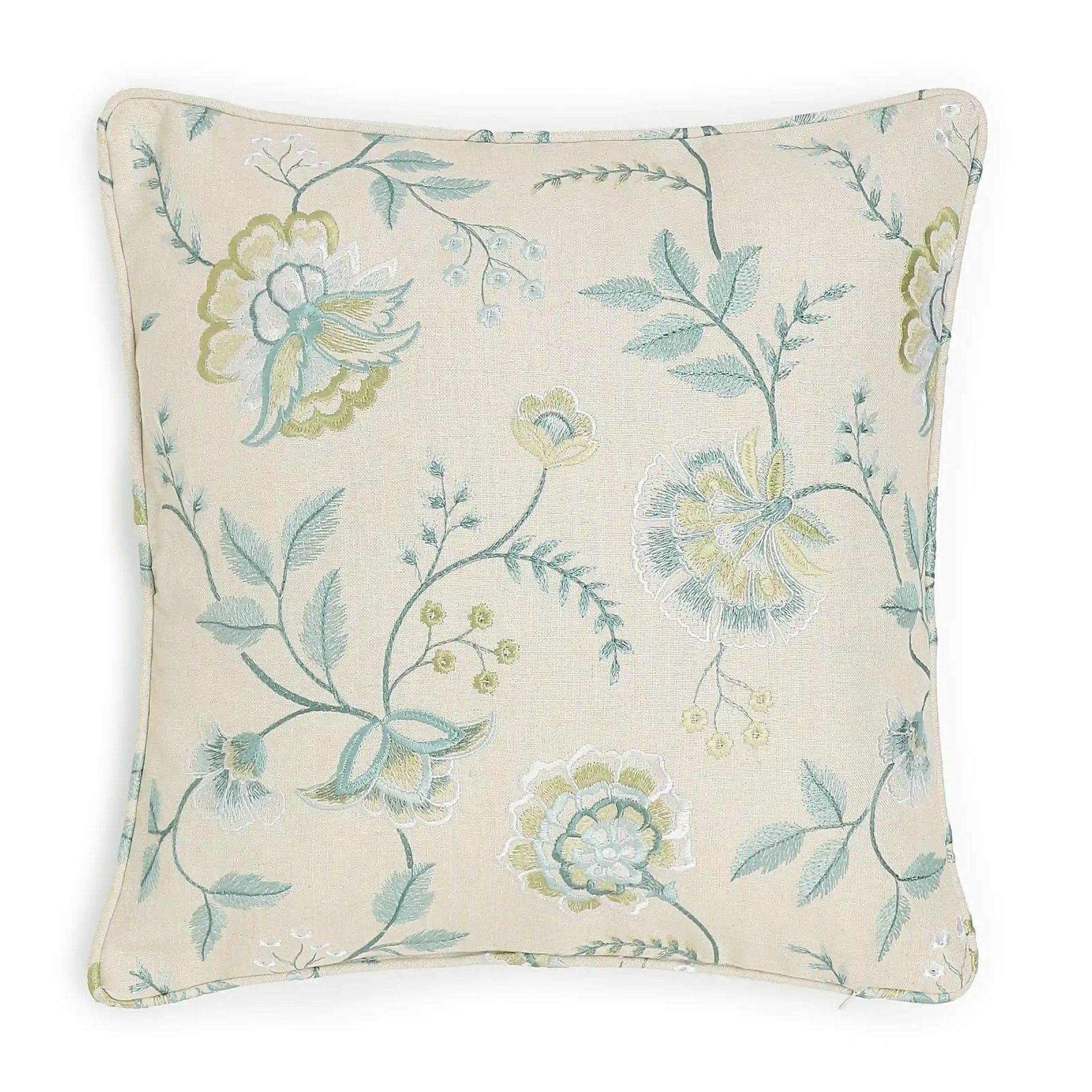Floral Viscose Linen Blend Frosty Teal Cushion Cover | Estrella