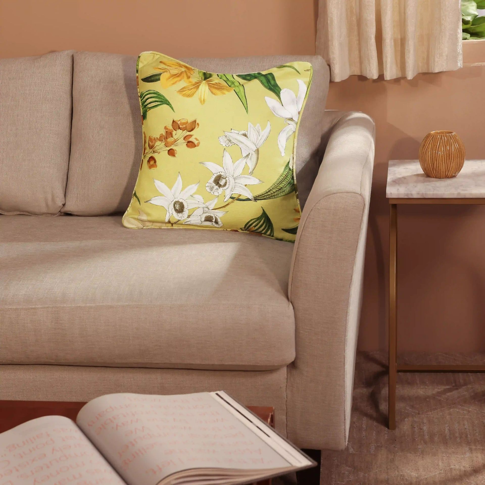 Floral Viscose Linen Blend Light Yellow Cushion Cover | Espricia