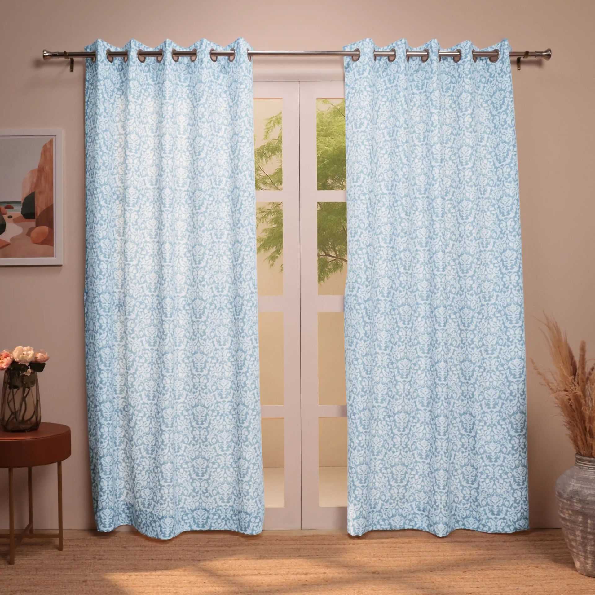 Indian Heritage 100% Polyester Pale Blue Set of 2 Long Door Curtains | Chippa Lane