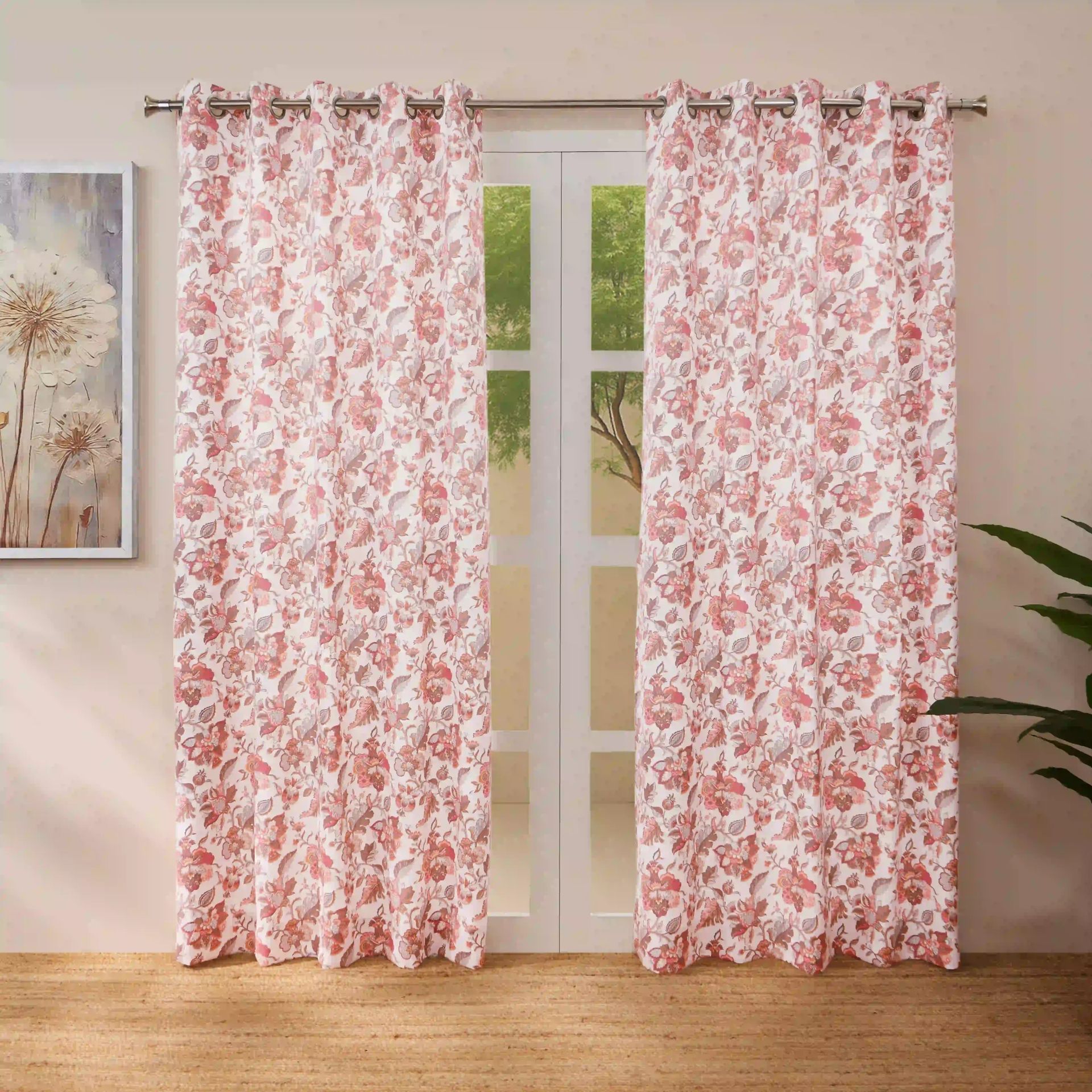 Floral 100% Polyester Salmon Set of 2 Long Door Curtains | Bloomshire Classic