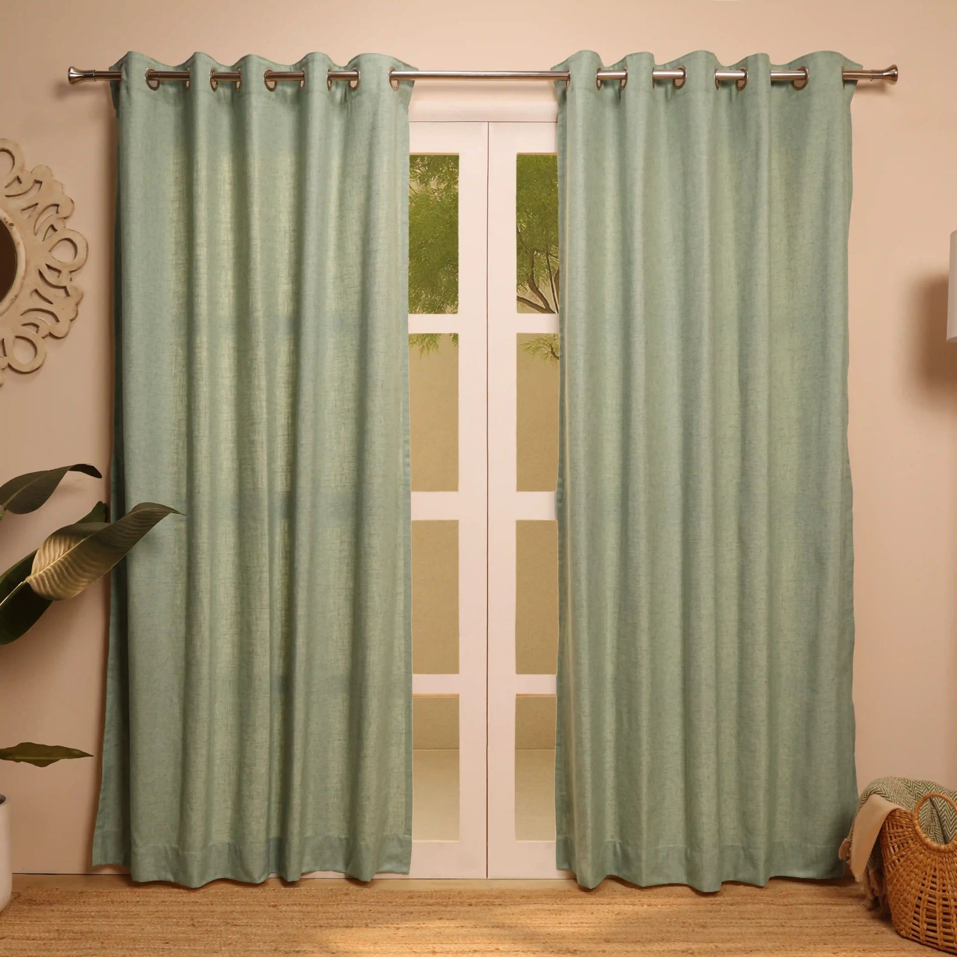 Solid Dyed Polyester Linen blend Sage Set of 2 Long Door Curtains | Paleto