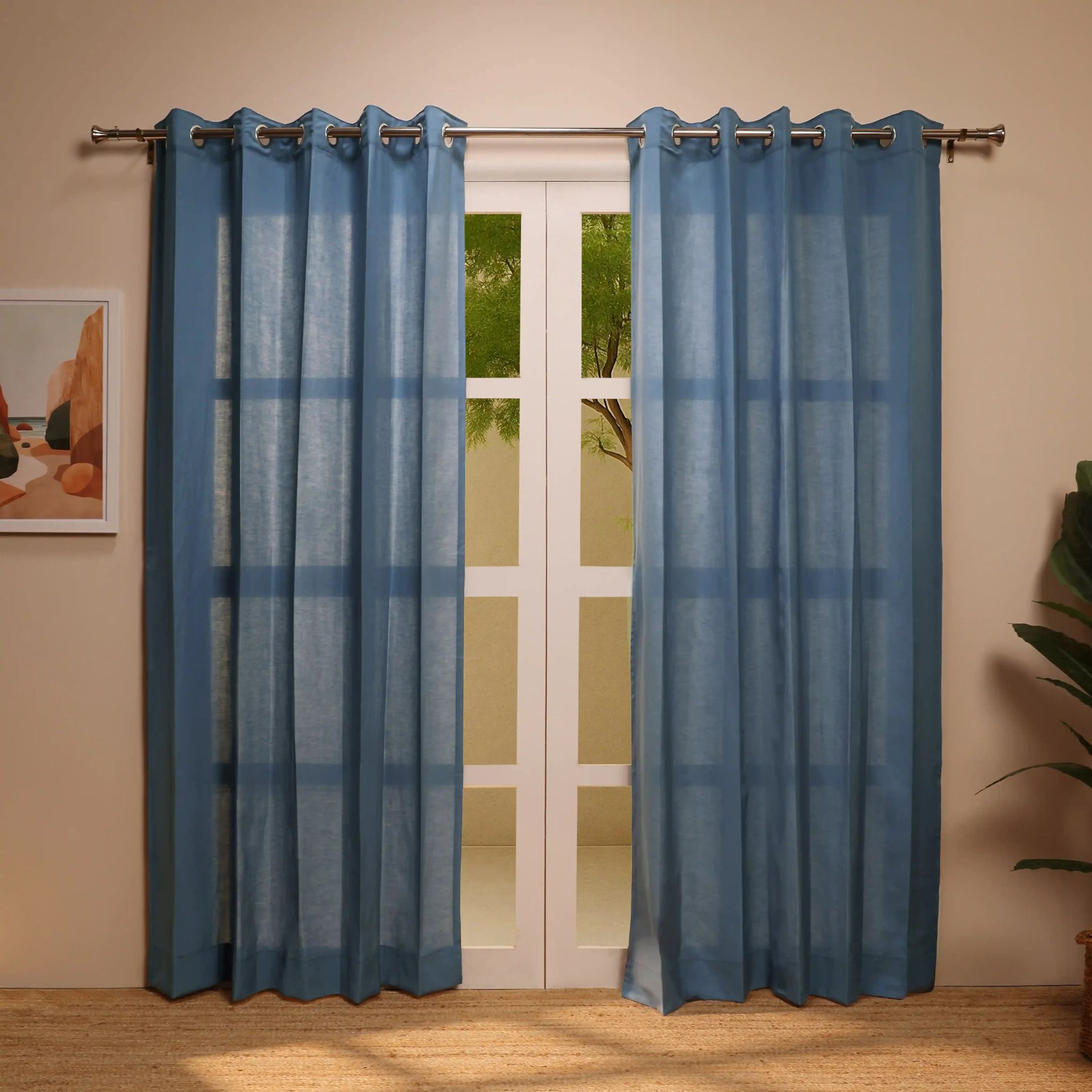 Solid Dyed Linen Cotton Polyester blend Denim Set of 2 Door Curtains | Paleto
