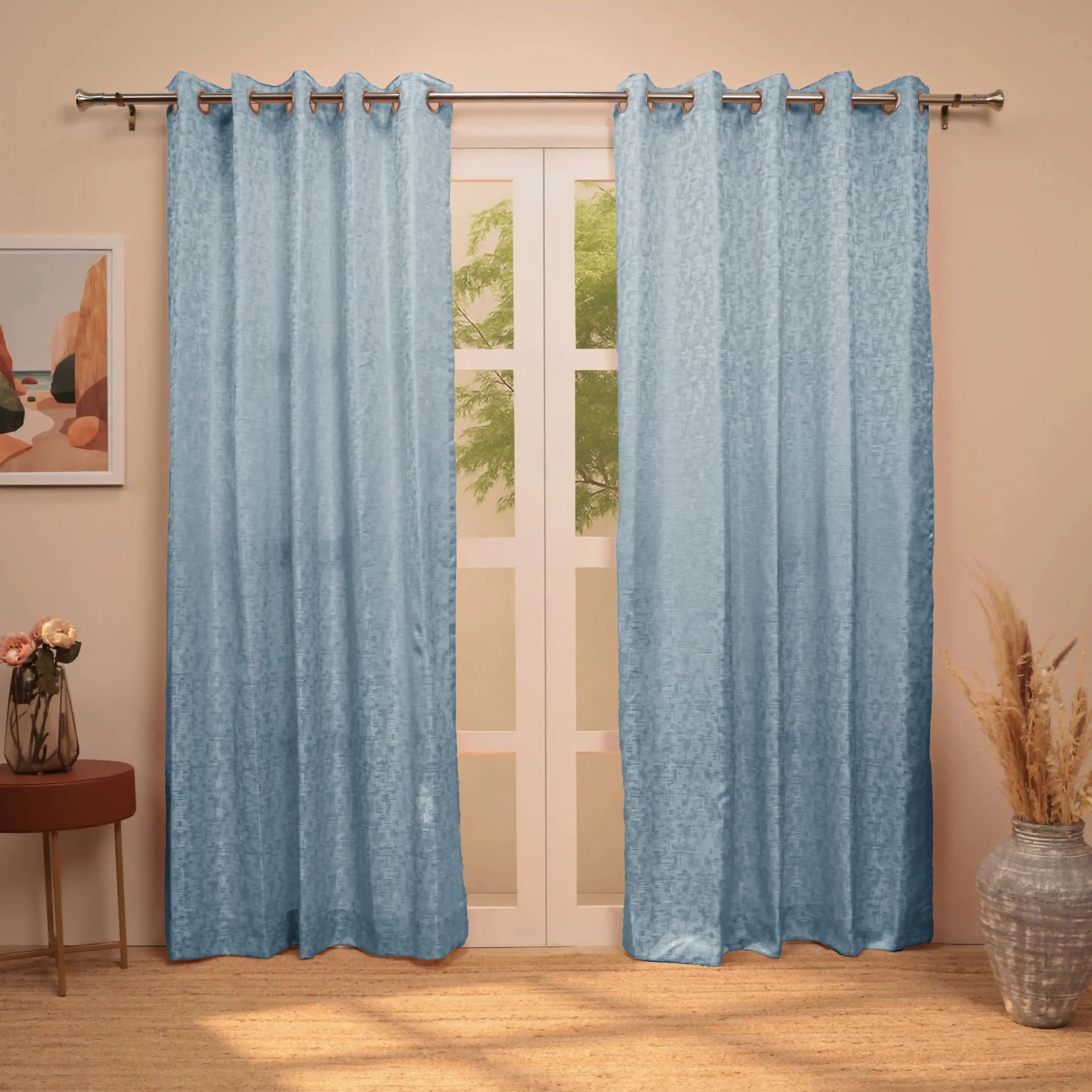 Jacquard Polyester Cotton blend Ocean Haze Set of 2 Long Door Curtains | De Jacquard Classic
