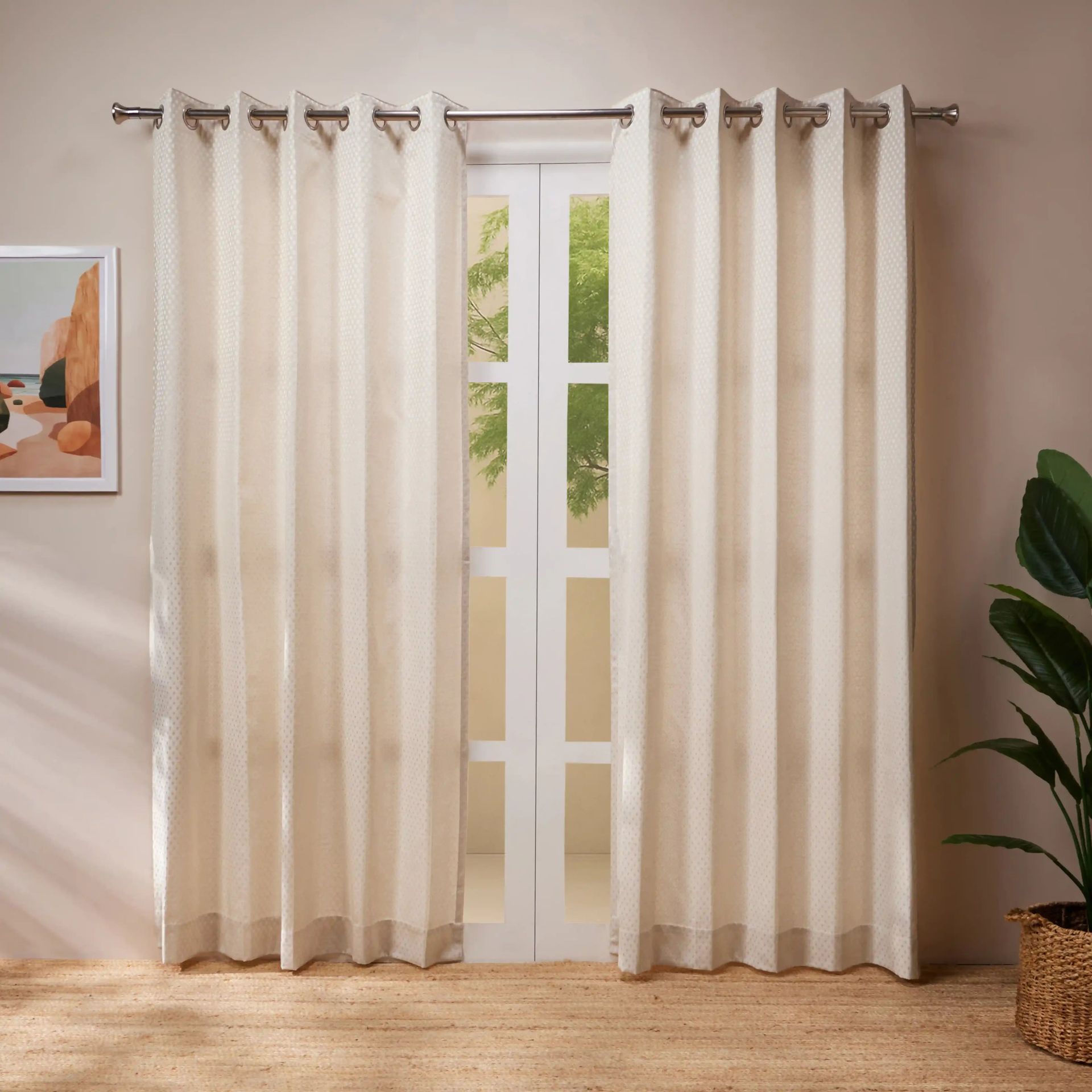 Jacquard Polyester Cotton blend Creamy Dune Set of 2 Long Door Curtains | De Jacquard Classic