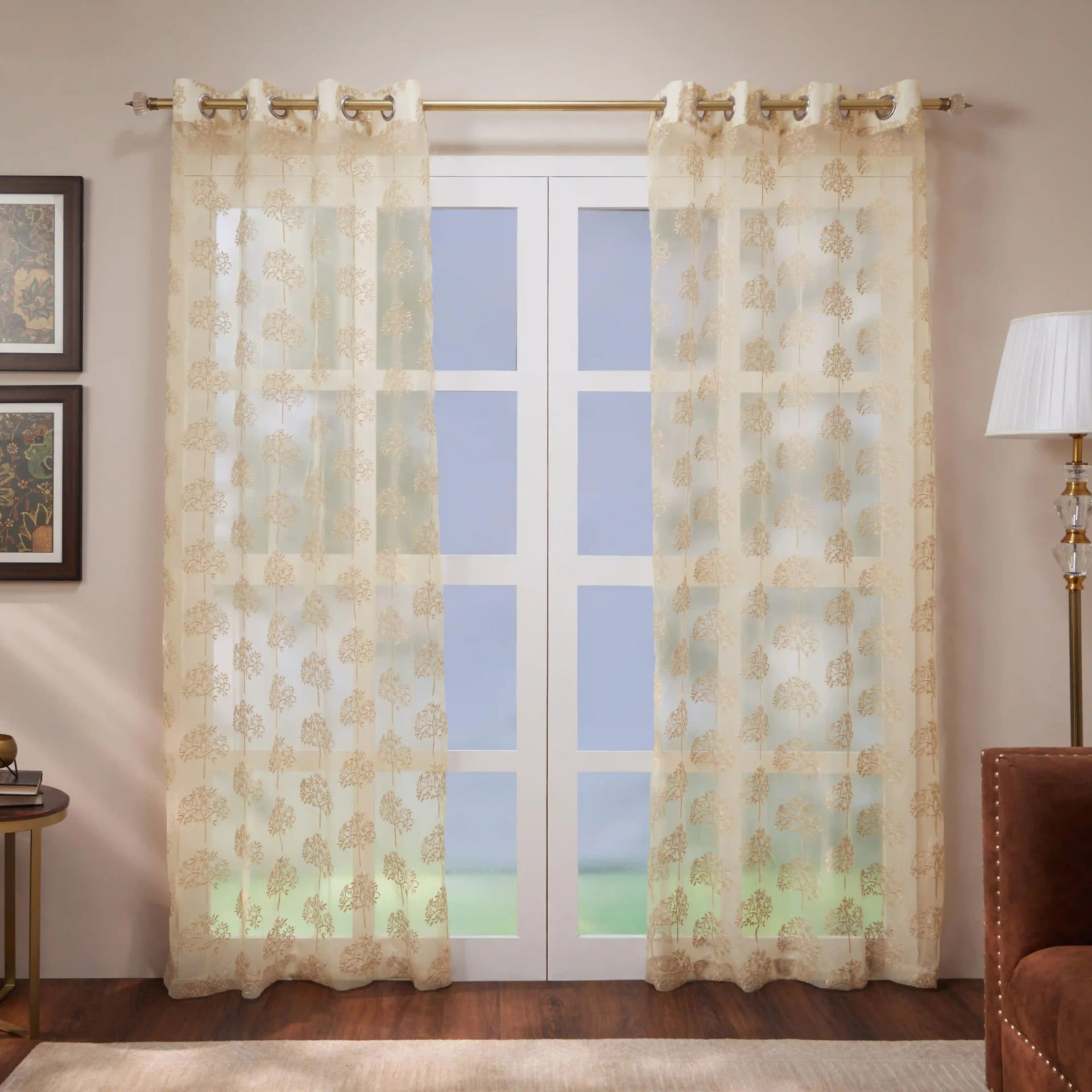 Sheer 100% Polyester Woodland Taupe Set of 2 Door Curtains | Velina