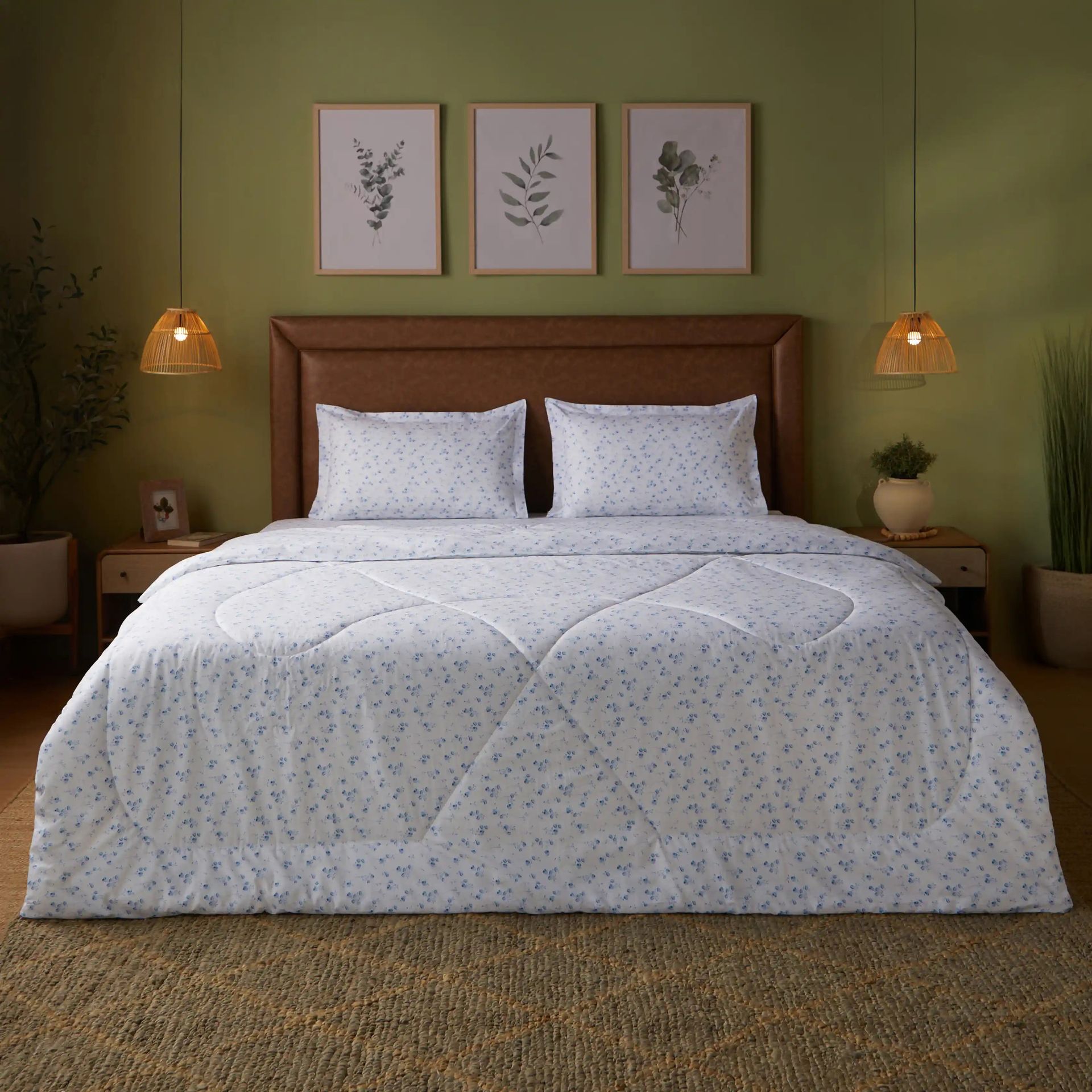 Floral 120 GSM 100% Cotton Ocean Blue Double Comforter | Bloomshire Classic