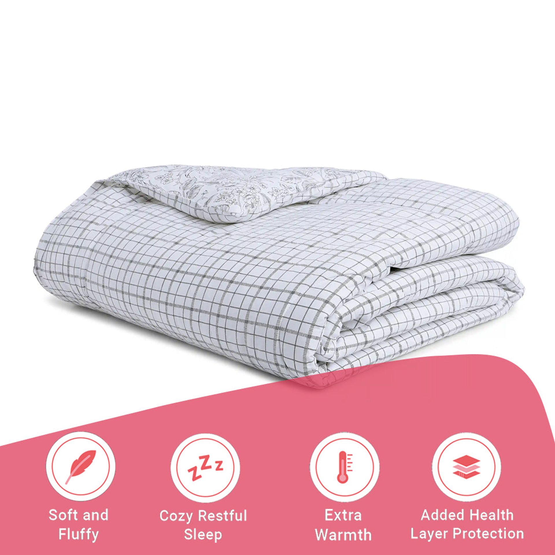 Floral Geometric 144 GSM 100% Cotton Charcoal Checks Double Comforter | Mishella