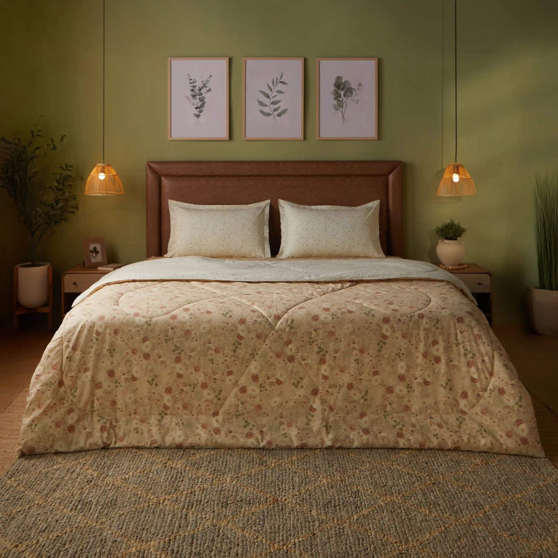Floral Geometric 144 GSM 100% Cotton Beige Double Comforter | Mishella