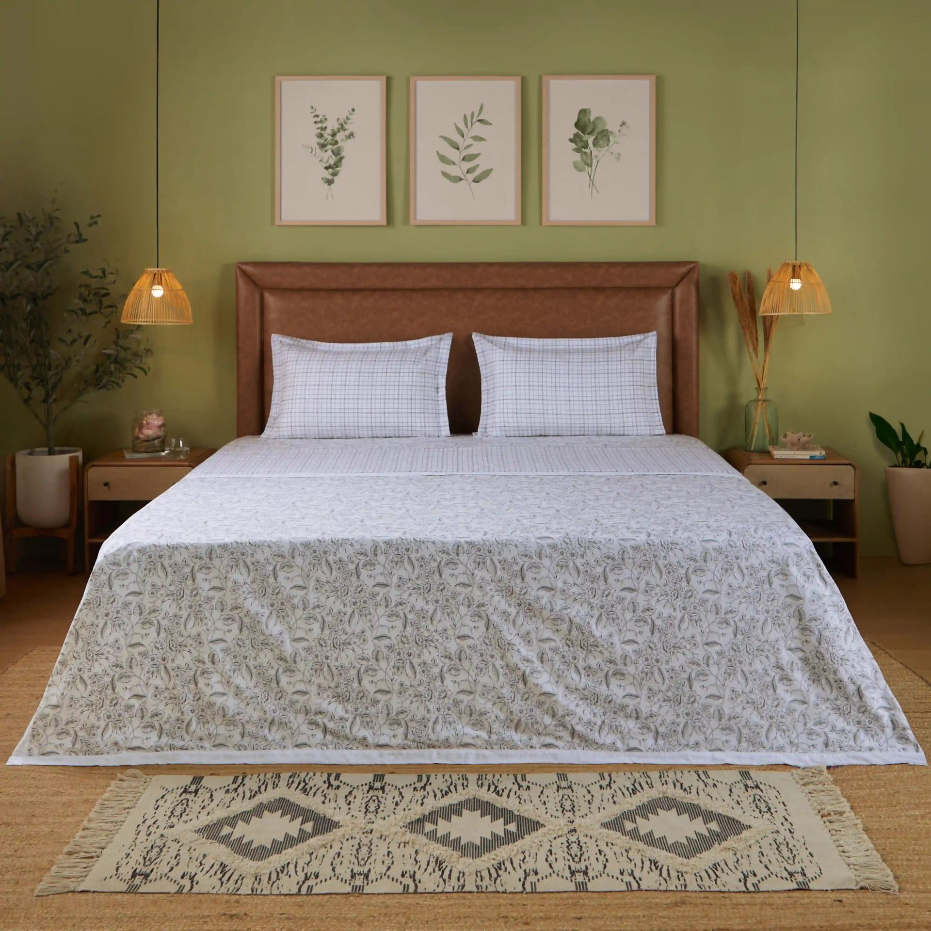 Floral Geometric 144 TC 100% Cotton Charcoal Bloom Double Dohar | Mishella