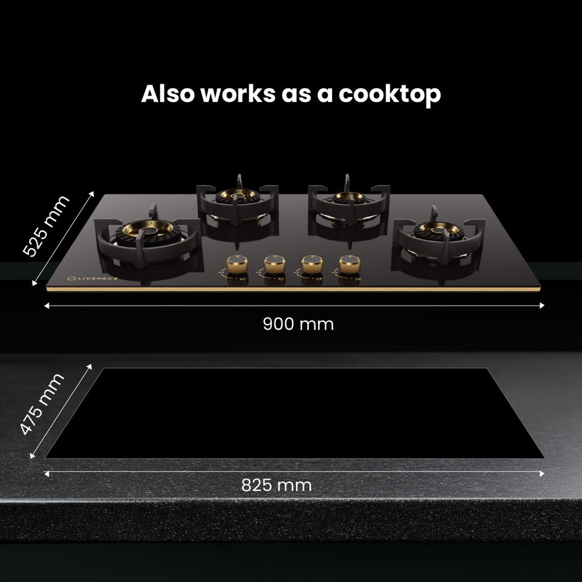 Intellia Gloss Auto Ignition 900 mm 4 Brass Burner Hob | Intellia HBG4B90