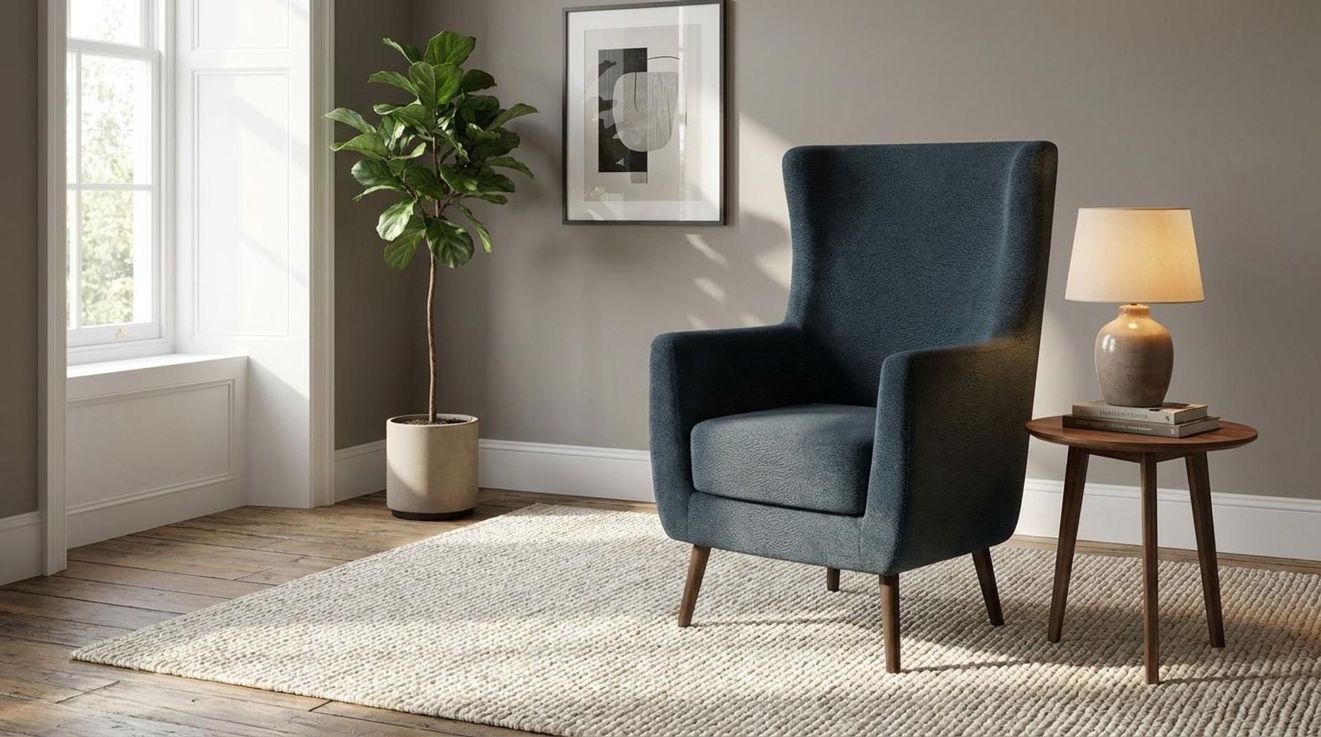 Avery Wingback Accent Chair, Coco Walnut Legs Essential Vintage Blue Upholstery