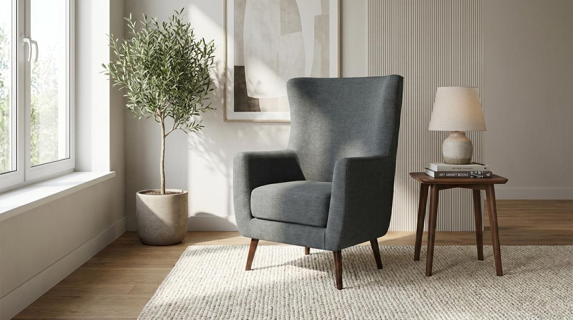 Avery Wingback Accent Chair, Coco Walnut Legs Premium Steel Grey Upholstery