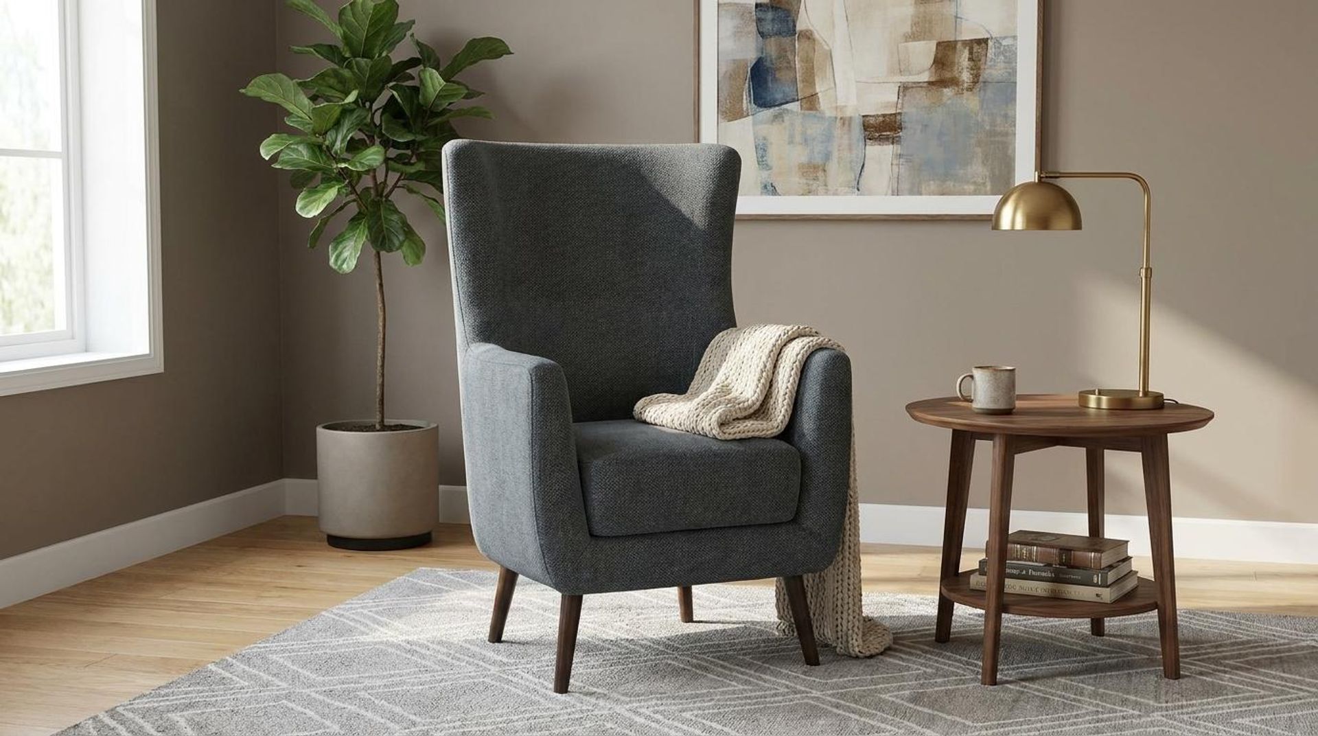 Avery Wingback Accent Chair, Coco Walnut Legs Premium Fog Grey Upholstery