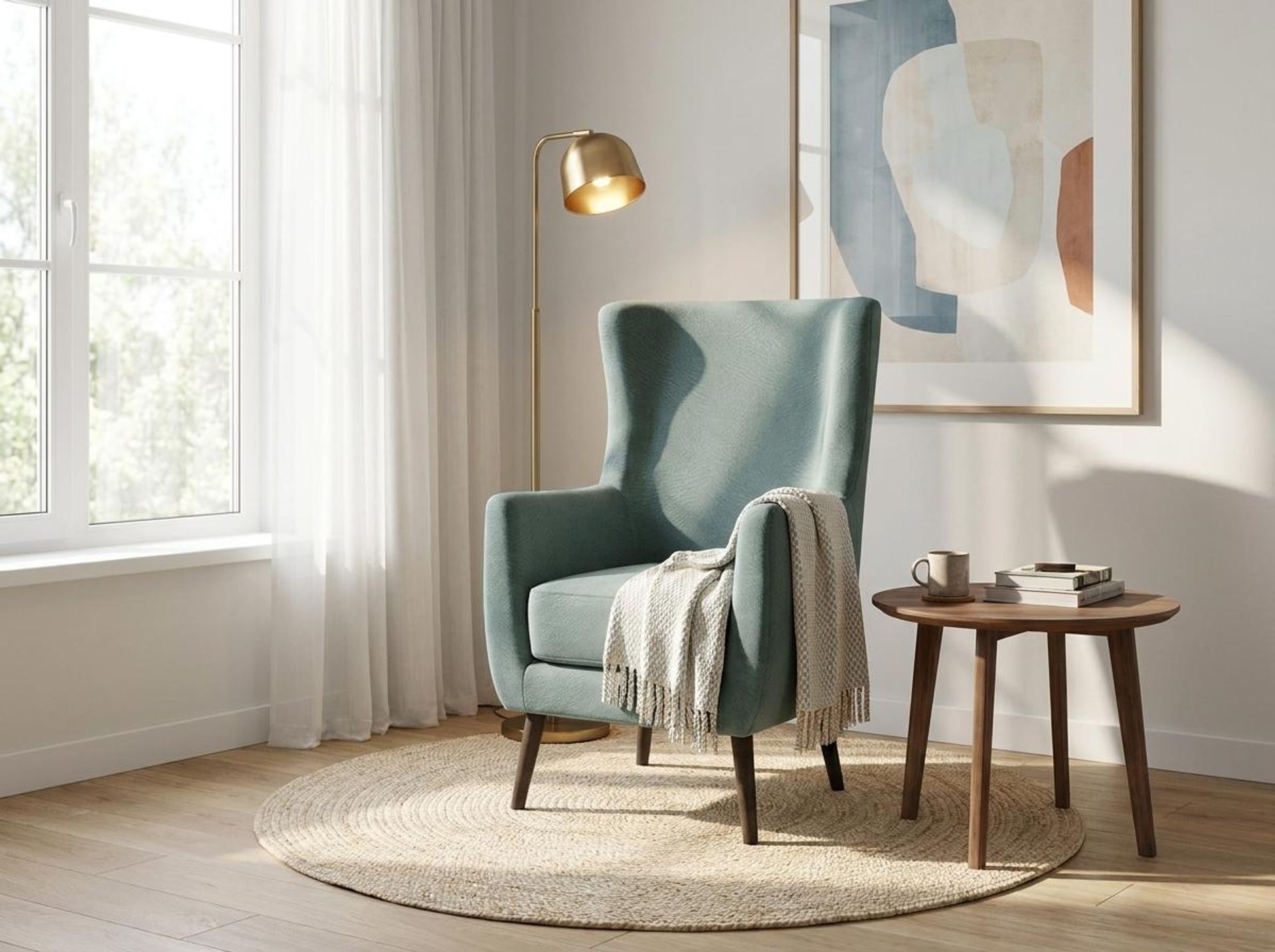 Avery Wingback Accent Chair, Coco Walnut Legs Premium Mint Green Upholstery