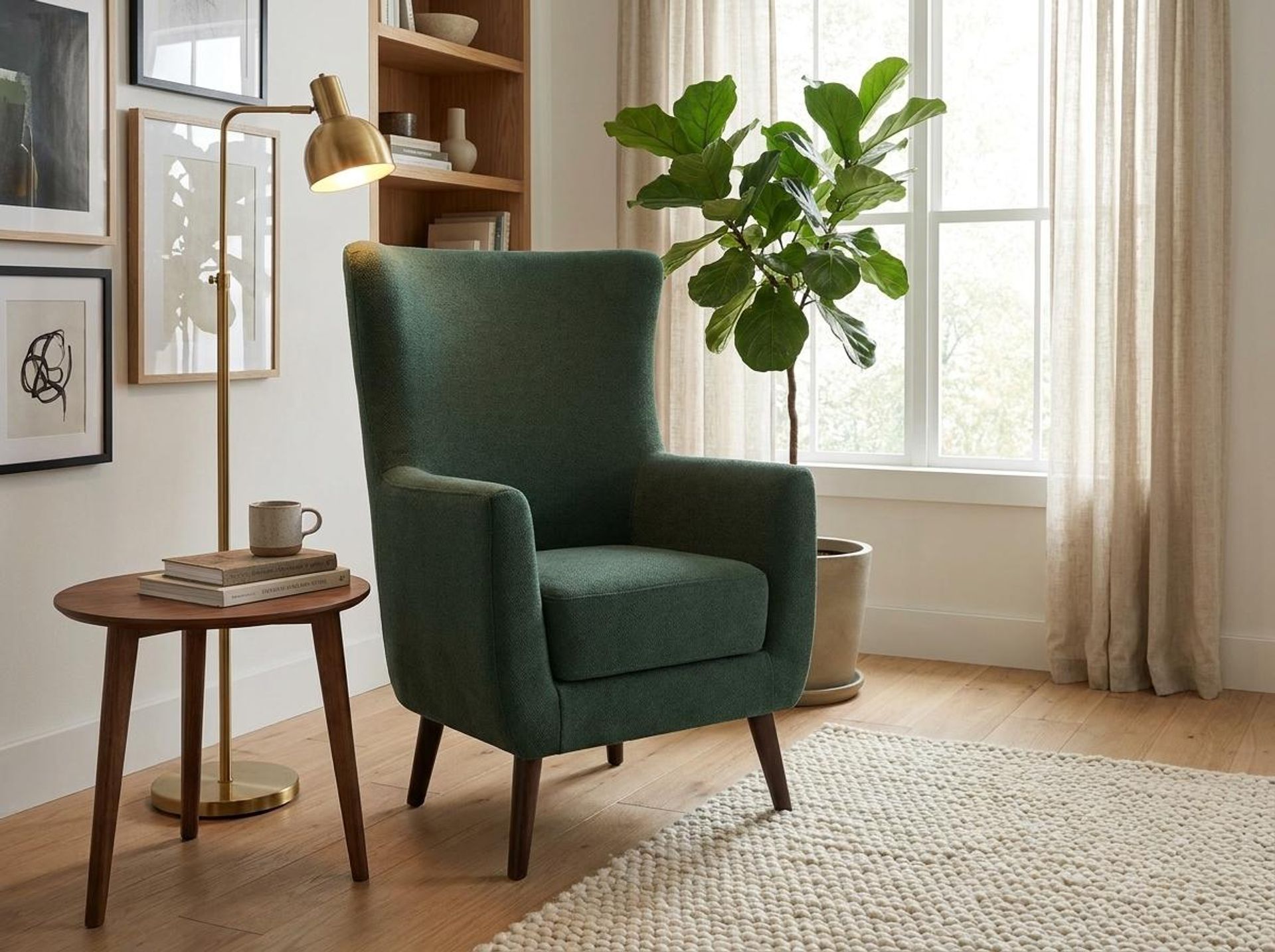 Avery Wingback Accent Chair, Coco Walnut Legs Premium Powder green Upholstery