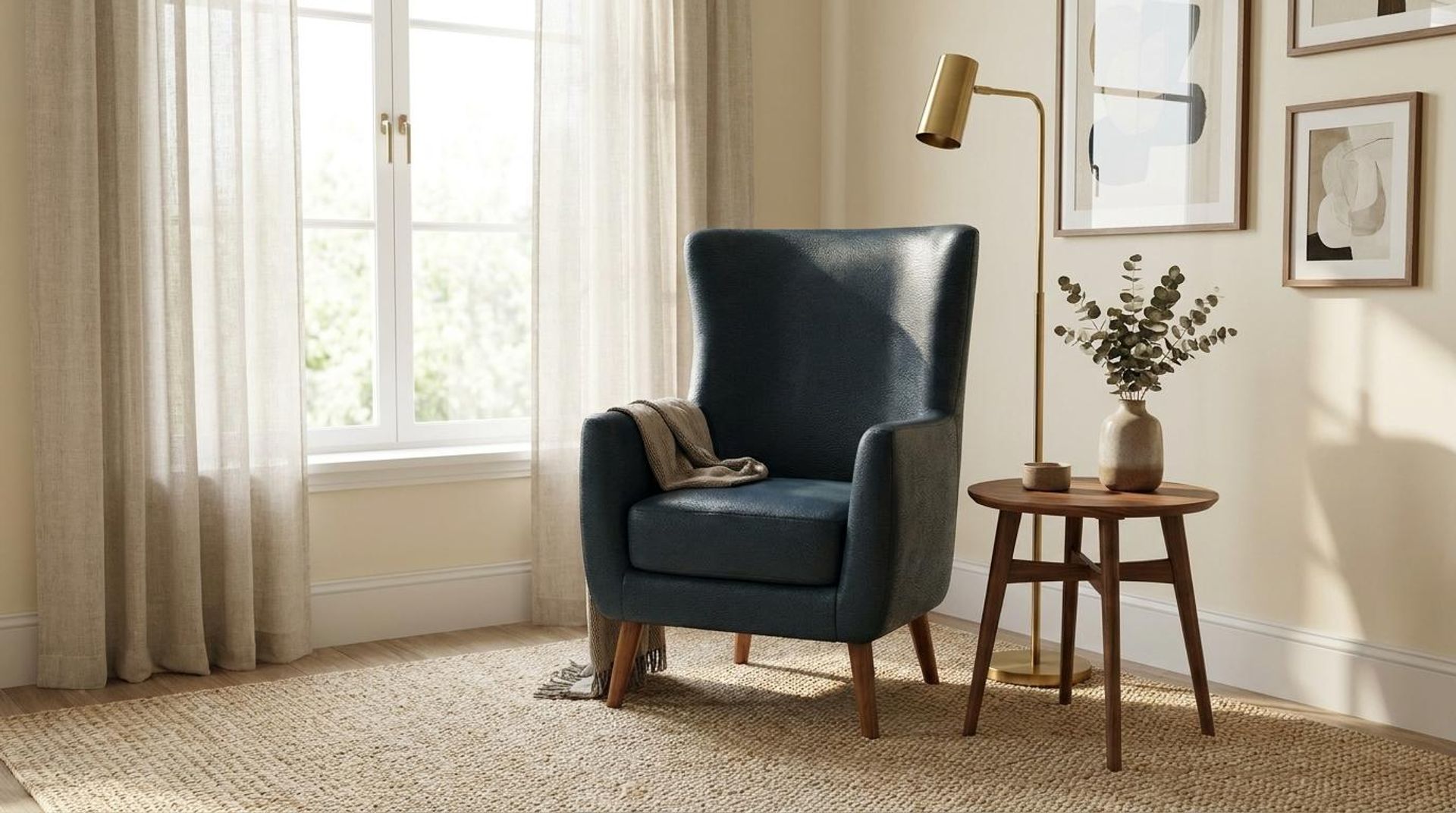 Avery Wingback Accent Chair, Warm Cedar Legs Essential Vintage Blue Upholstery