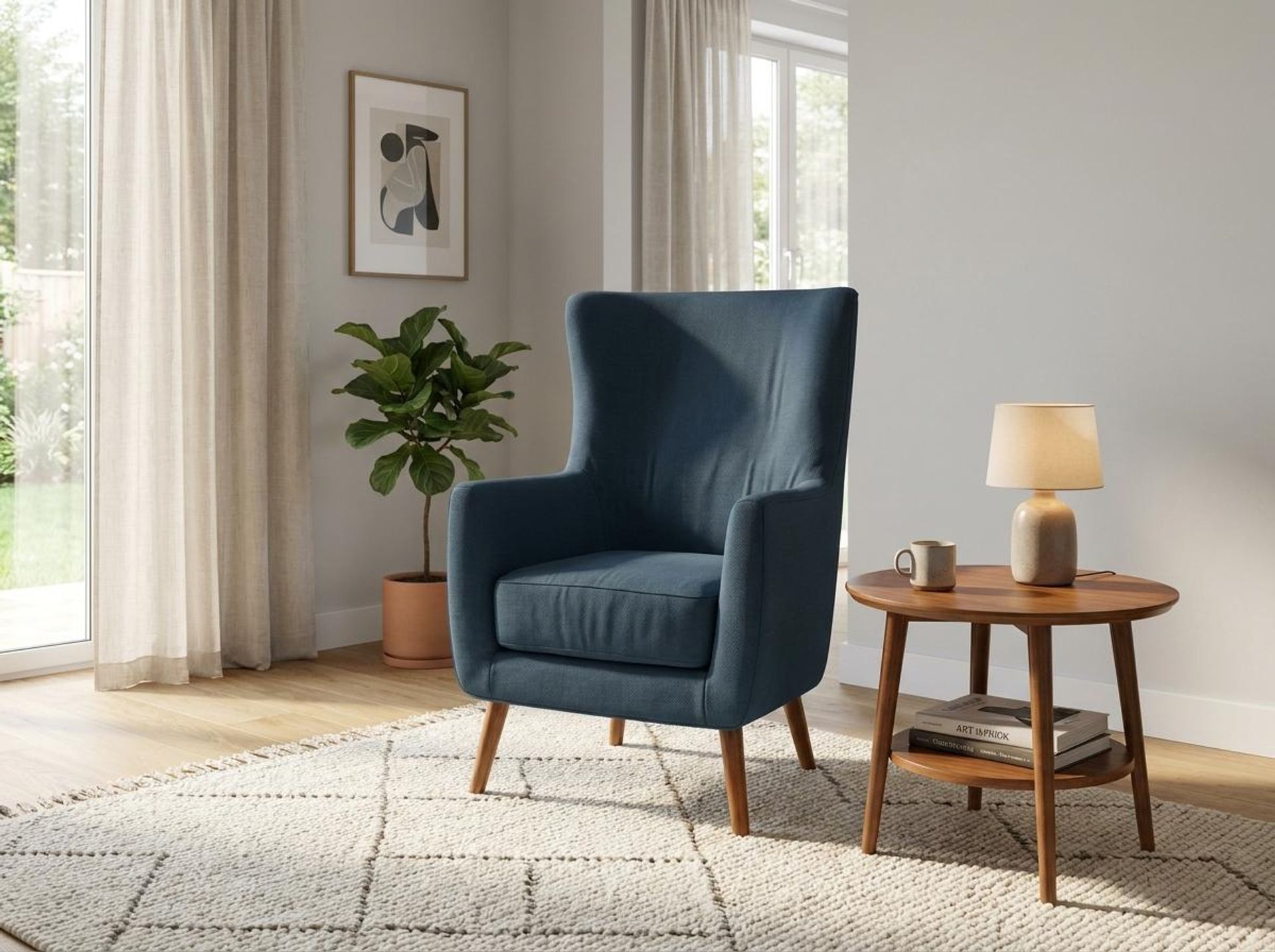 Avery Wingback Accent Chair, Warm Cedar Legs Essential Aegean Blue Upholstery