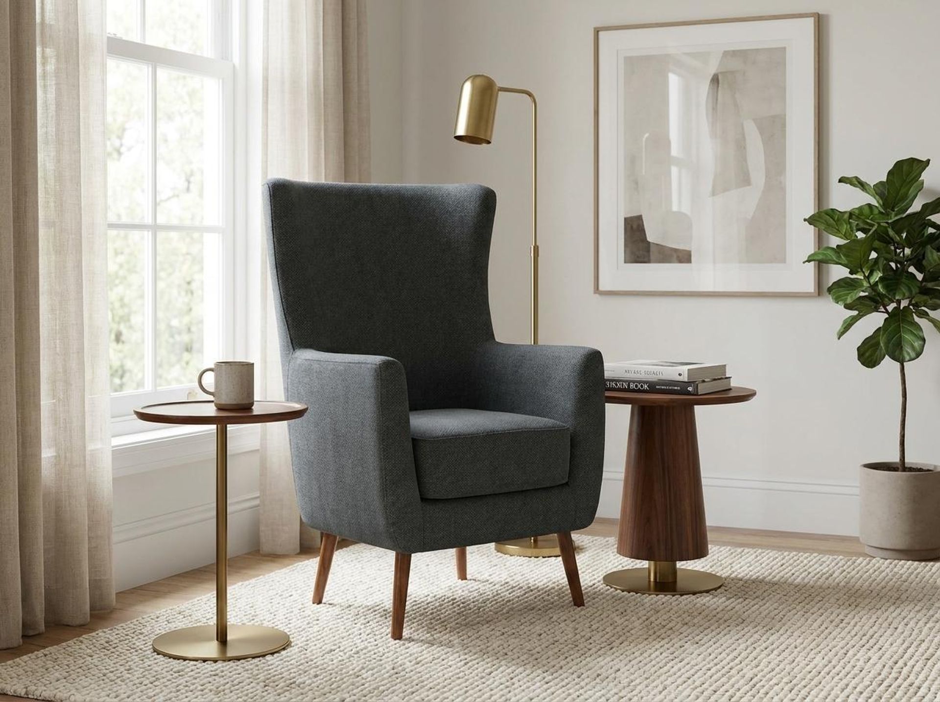 Avery Wingback Accent Chair, Warm Cedar Legs Premium Fog Grey Upholstery