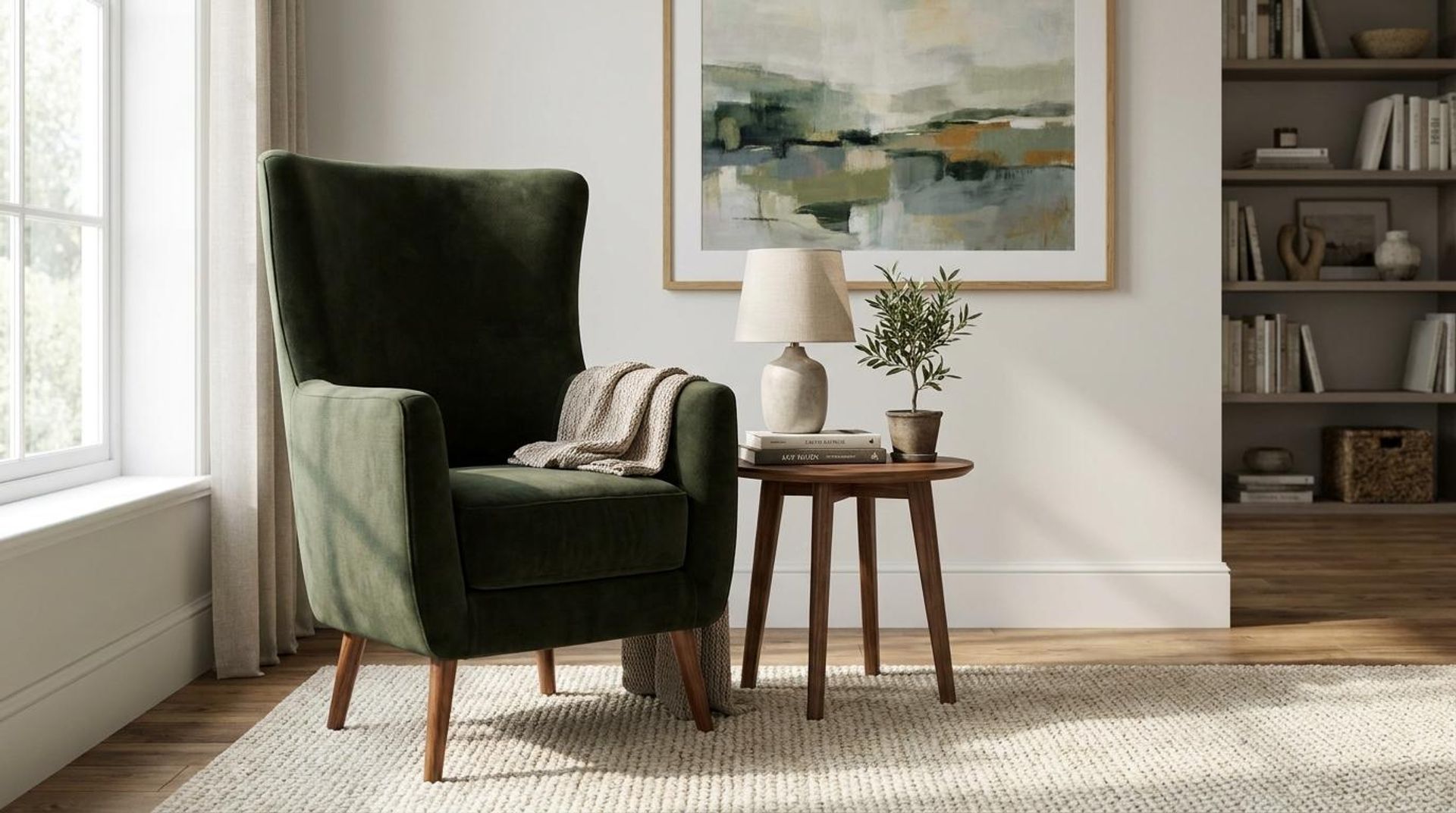 Avery Wingback Accent Chair, Warm Cedar Legs Premium Emerald Upholstery