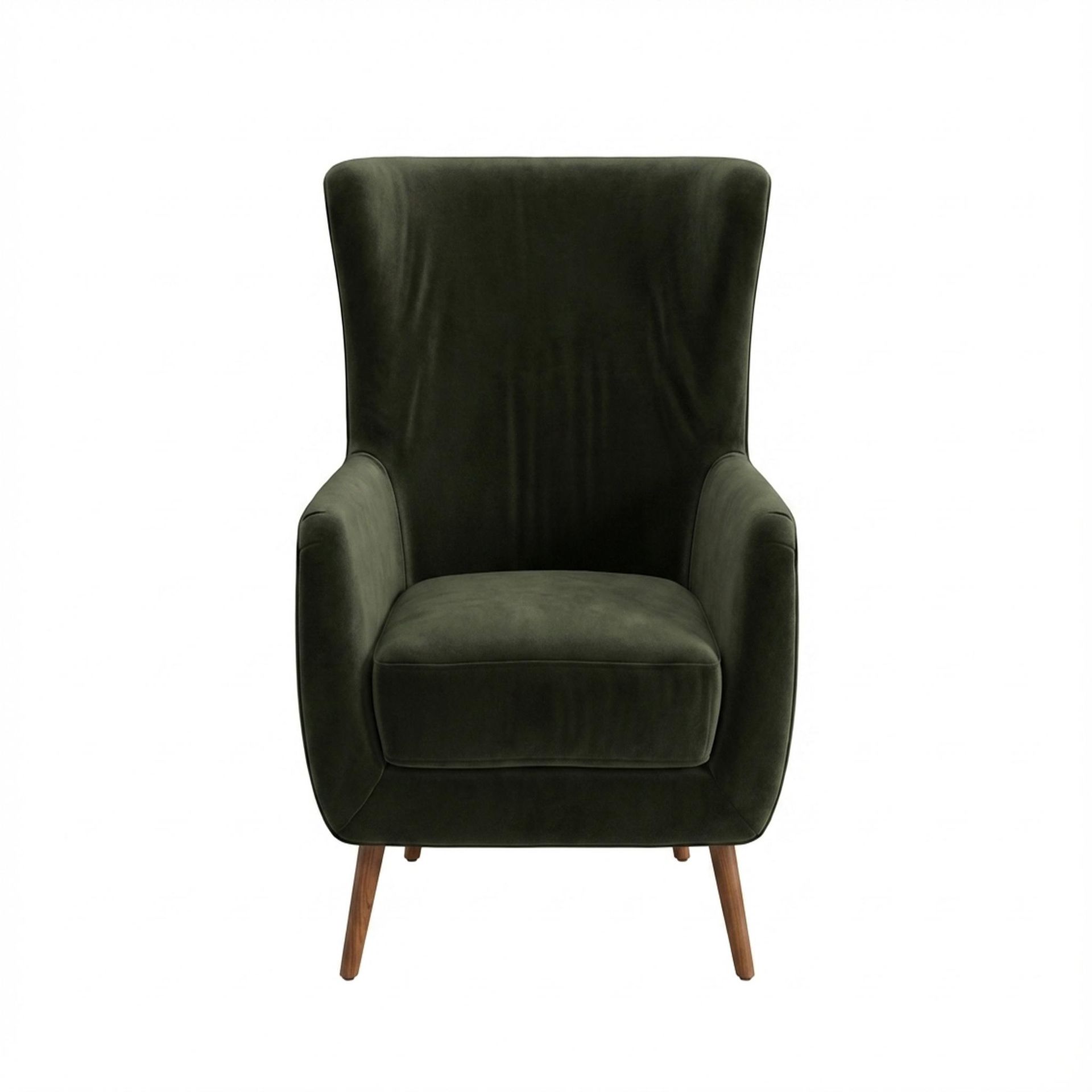 Avery Wingback Accent Chair, Warm Cedar Legs Premium Emerald Upholstery