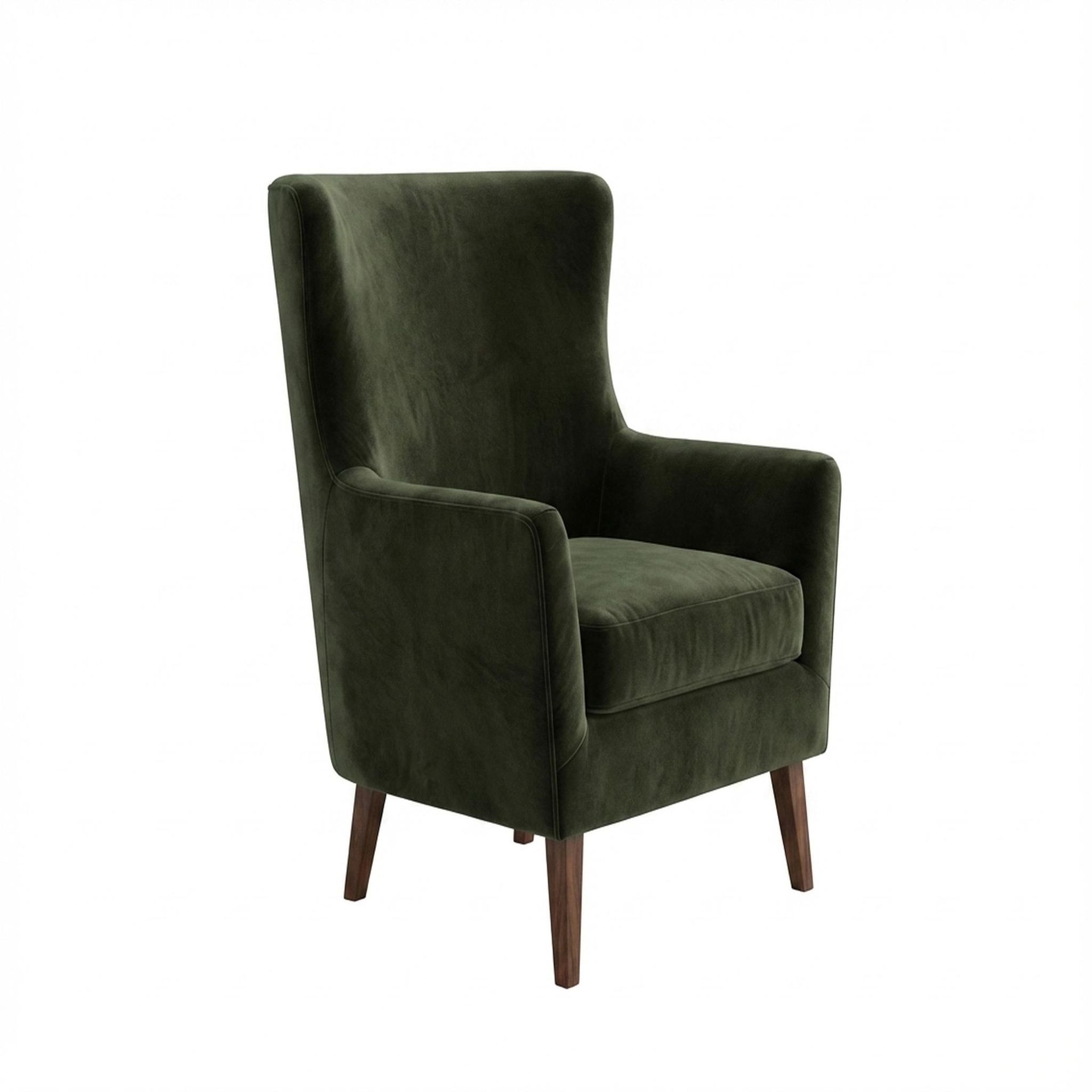 Avery Wingback Accent Chair, Warm Cedar Legs Premium Emerald Upholstery