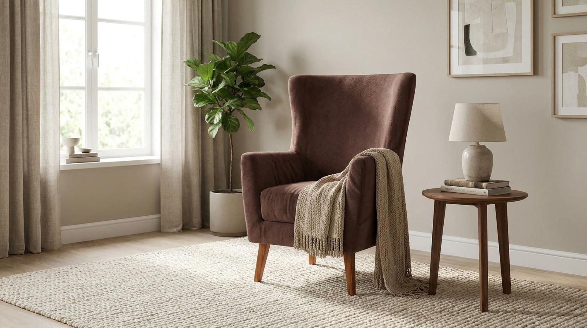 Avery Wingback Accent Chair, Warm Cedar Legs Premium Ballet Pink Upholstery