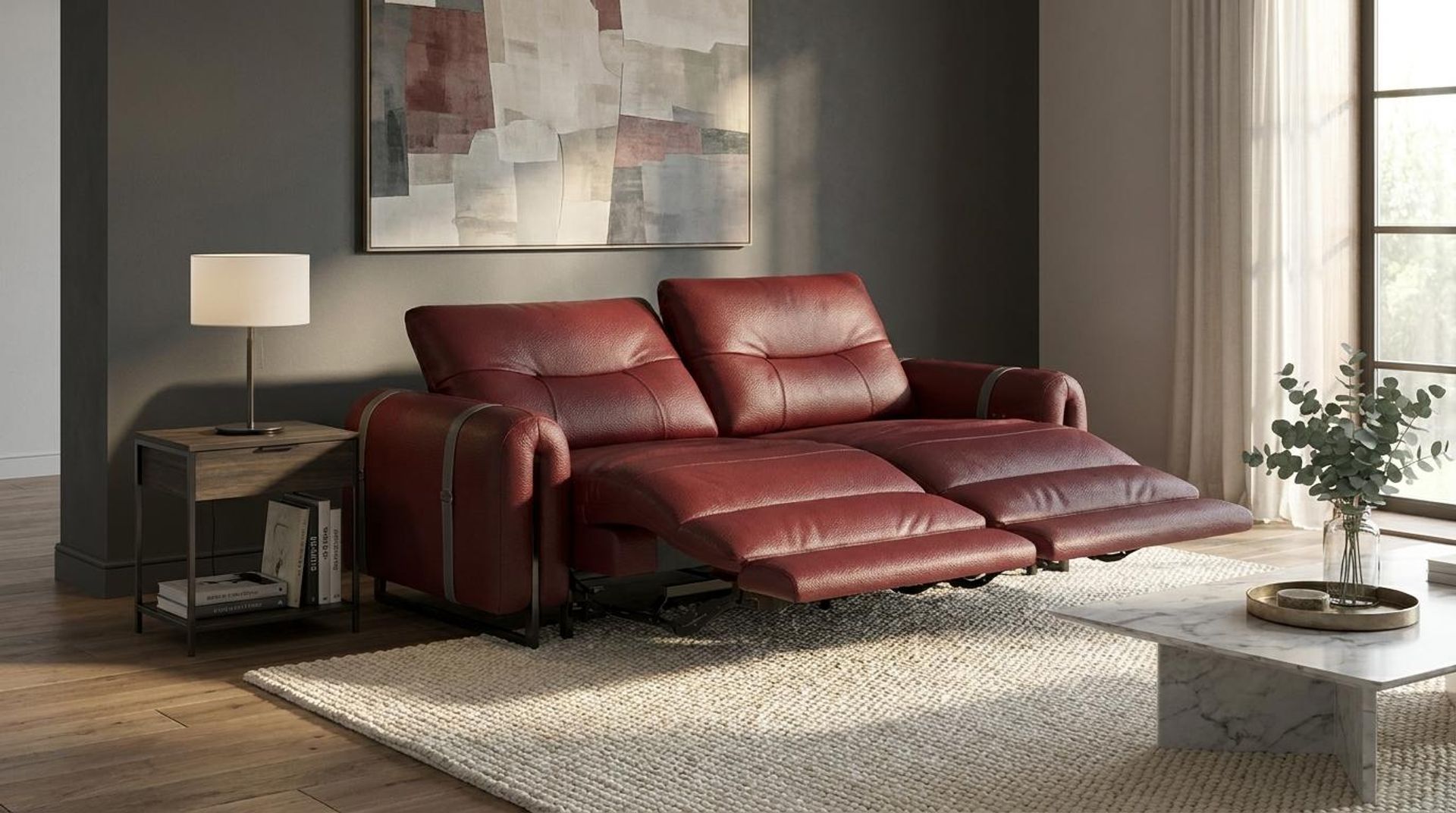 Fergus Relaxed Seat,Electric Recliner Mechanism, 2 Seater ( 2 RR), Victorian Rosso Grandeur Leather Essential