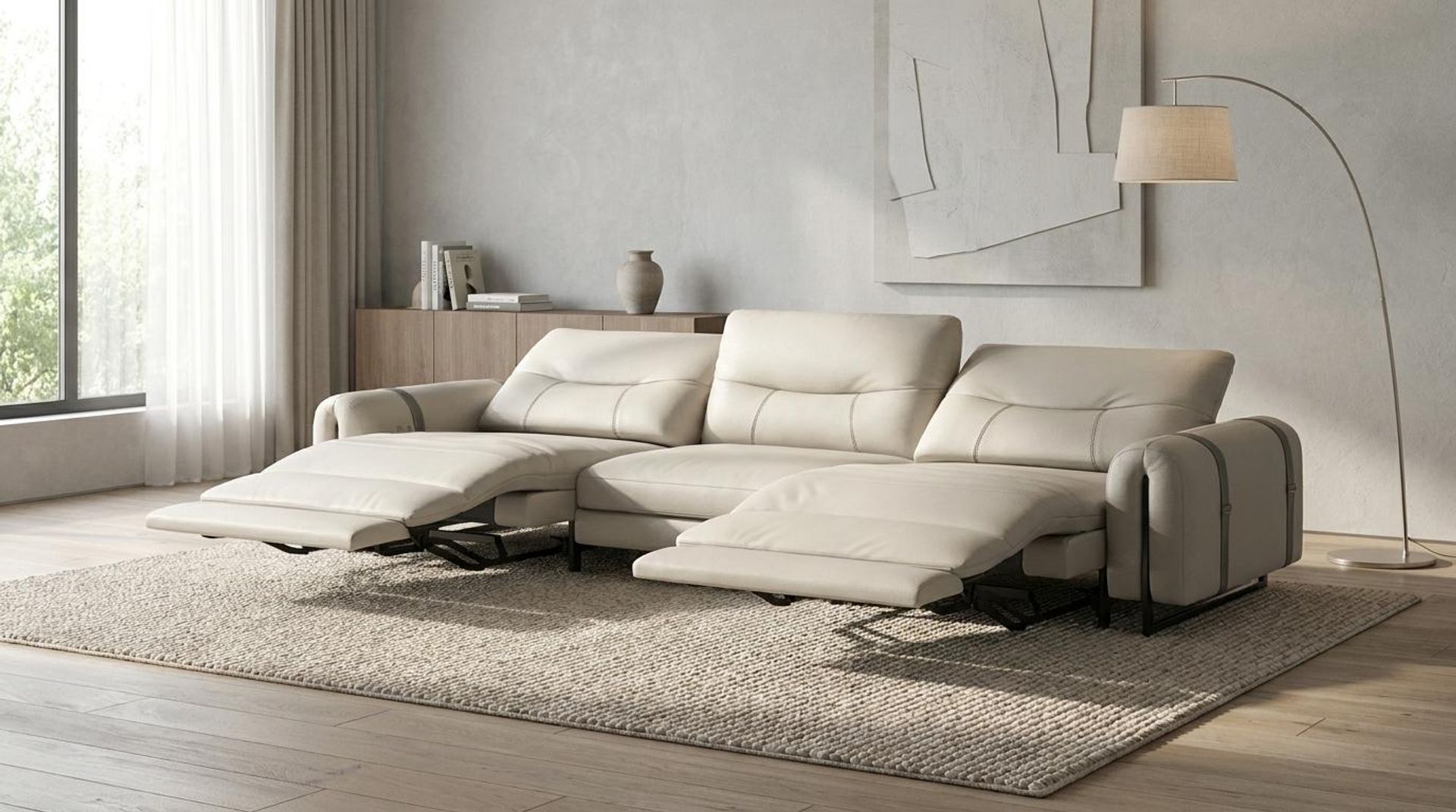 Fergus Relaxed Seat,Electric Recliner Mechanism, 3 Seater (2 RR), Alabaster Veil Vegan Leather