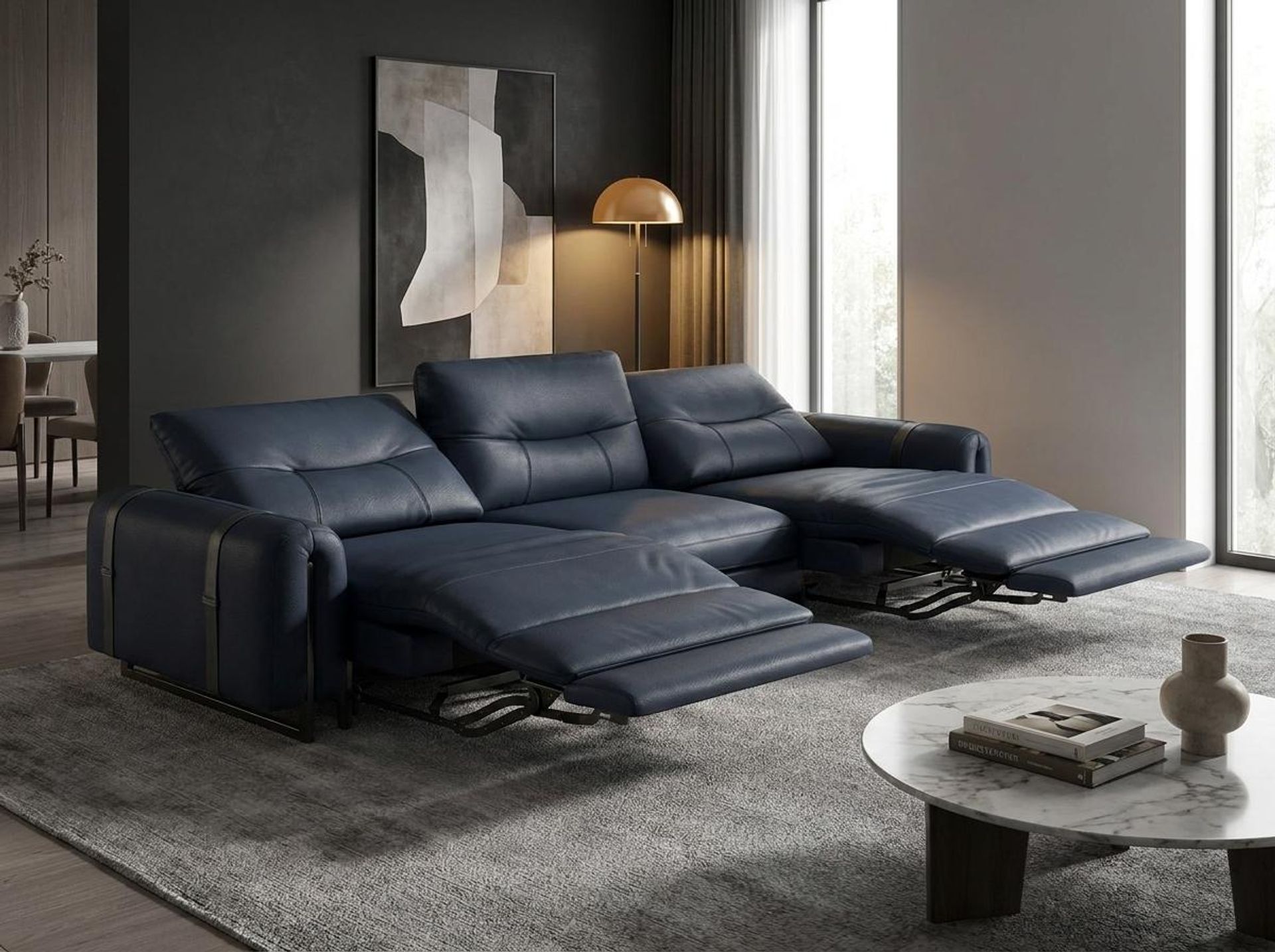 Fergus Relaxed Seat,Electric Recliner Mechanism, 3 Seater (2 RR), Cobalt Vegan Leather