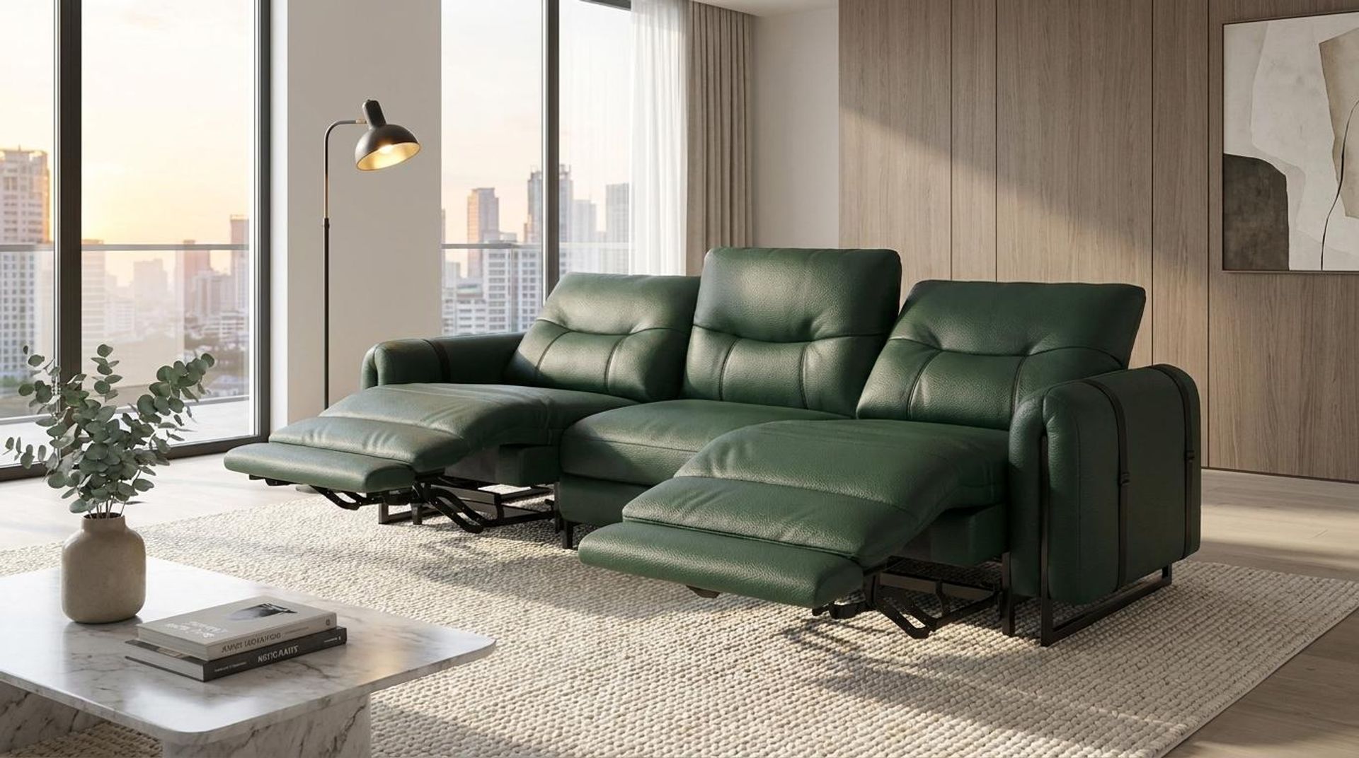 Fergus Relaxed Seat,Electric Recliner Mechanism, 3 Seater (2 RR), Valencia Green Vegan Leather