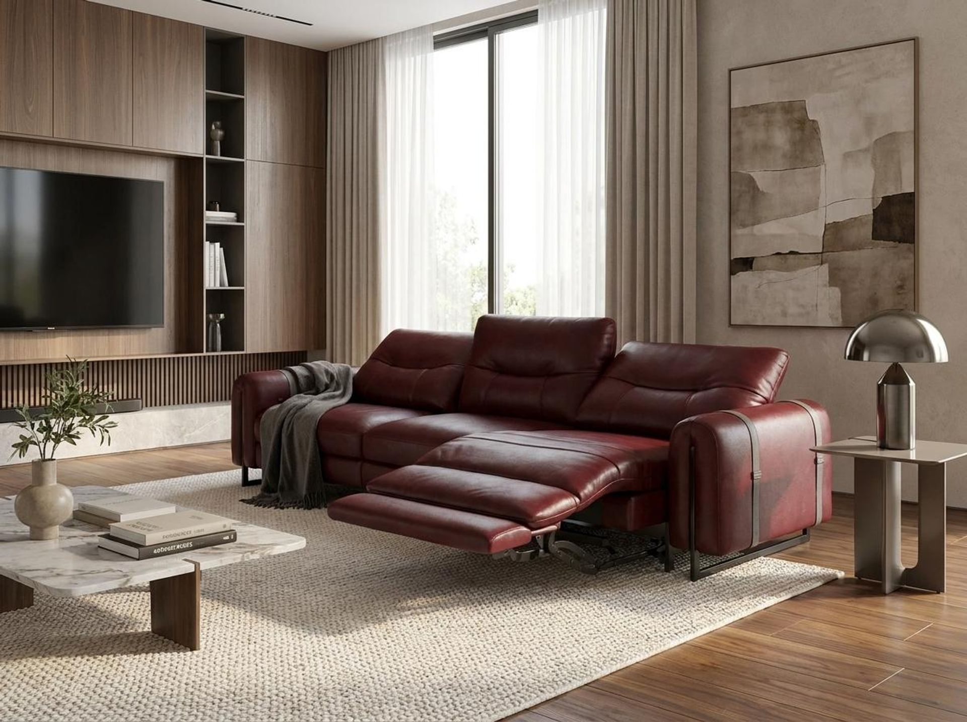 Fergus Relaxed Seat,Electric Recliner Mechanism, 3 Seater (2 RR), Victorian Rosso Grandeur Leather Essential