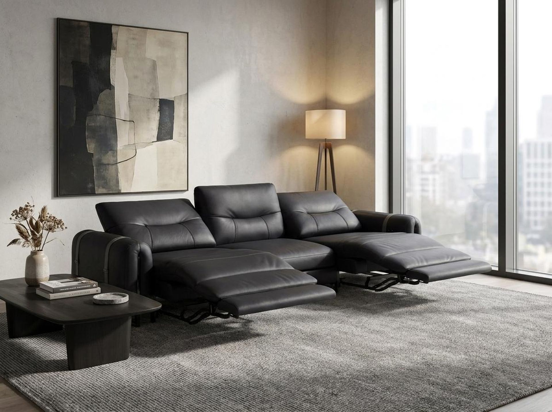 Fergus Relaxed Seat,Electric Recliner Mechanism, 3 Seater (2 RR), Mellow Black Leather Essential