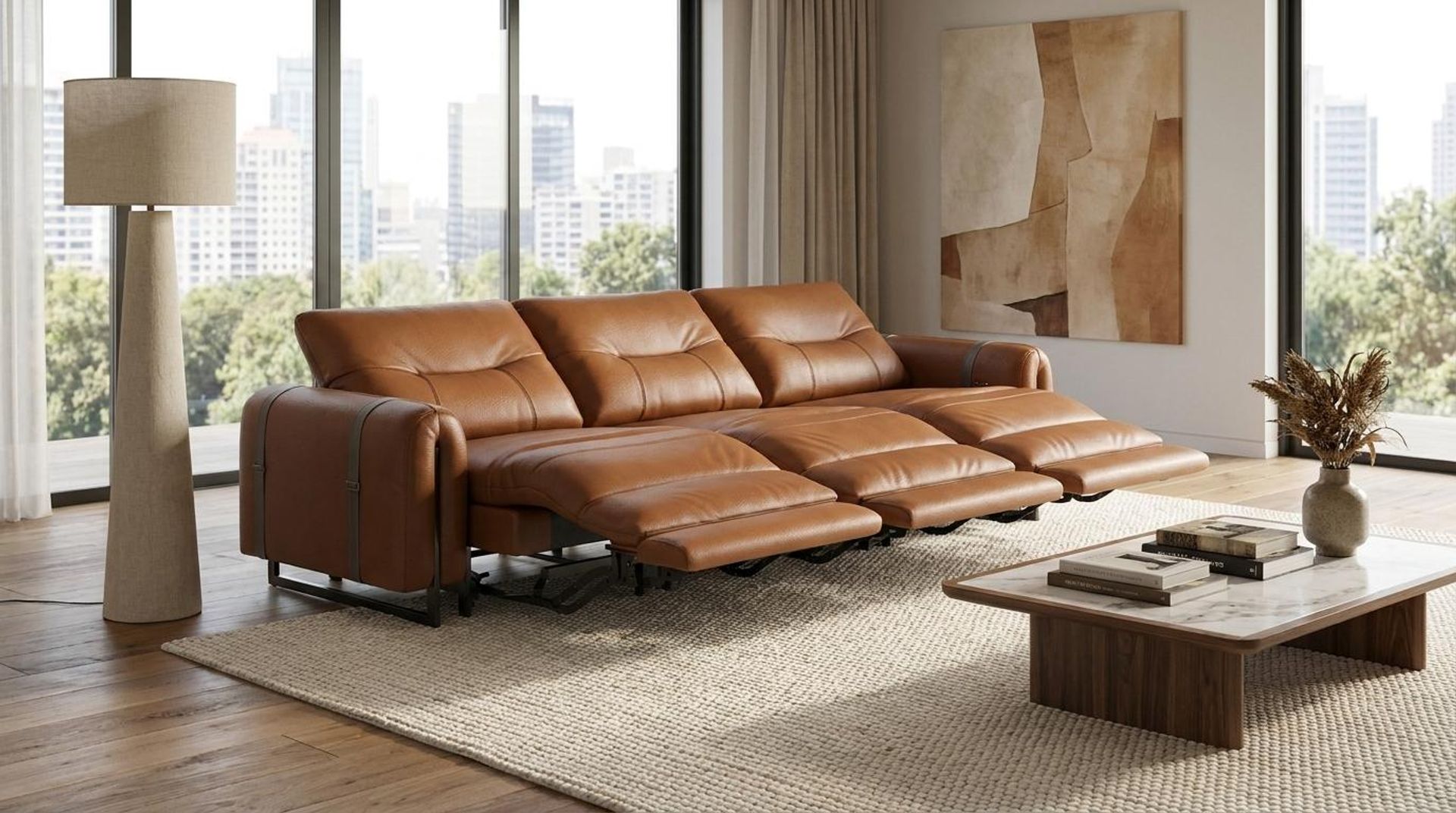 Fergus Relaxed Seat,Electric Recliner Mechanism, 3 Seater (3 RR), Ritz Tan Vegan Leather