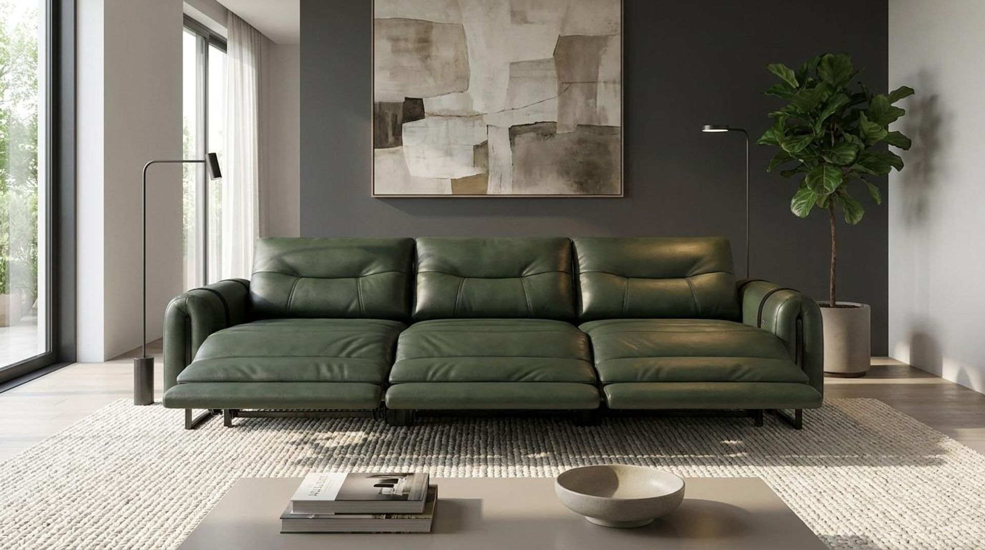 Fergus Relaxed Seat,Electric Recliner Mechanism, 3 Seater (3 RR), Dark Forest Mystique Leather Premium