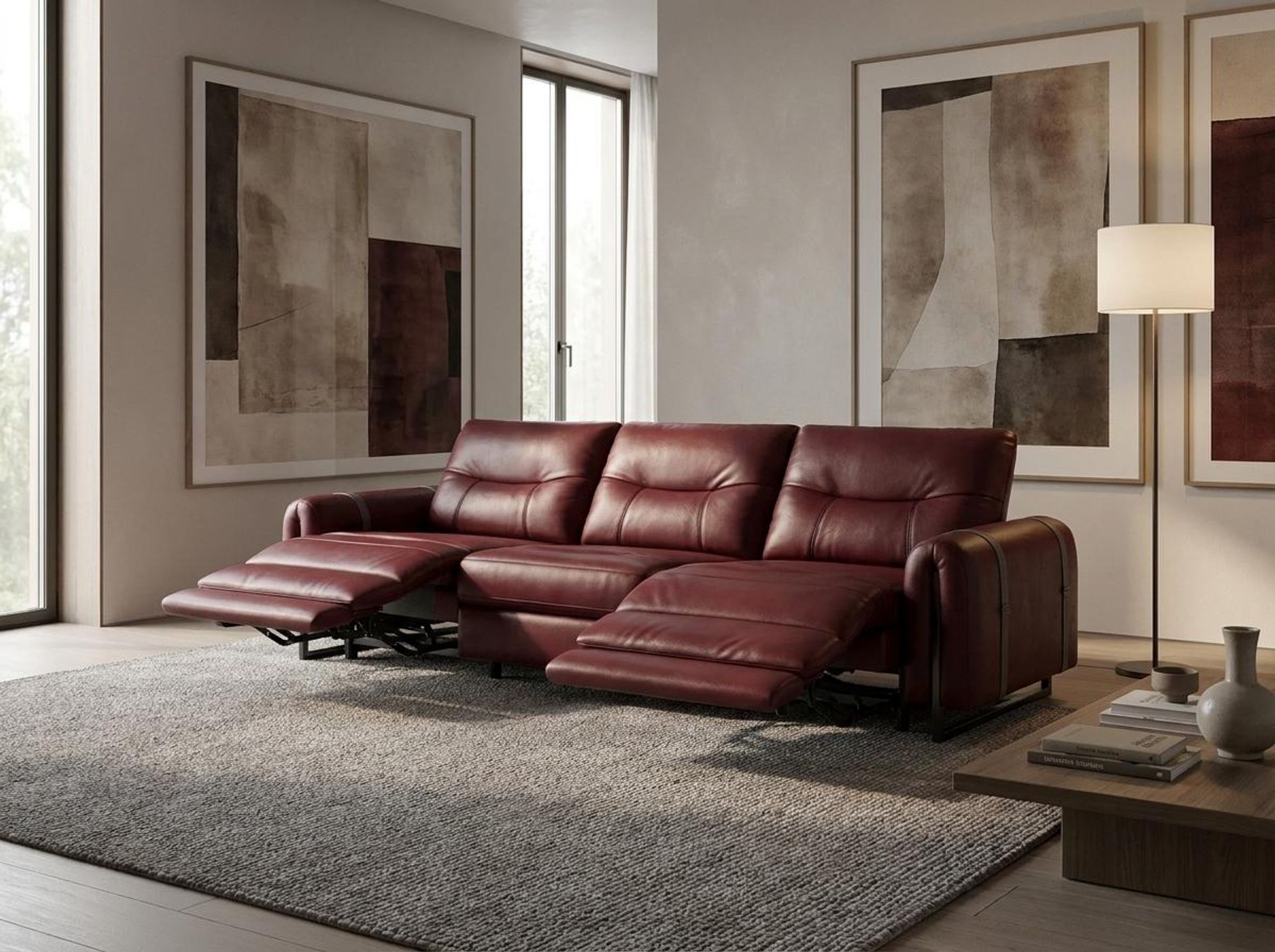 Fergus Relaxed Seat,Electric Recliner Mechanism, 3 Seater (3 RR), Victorian Rosso Grandeur Leather Essential