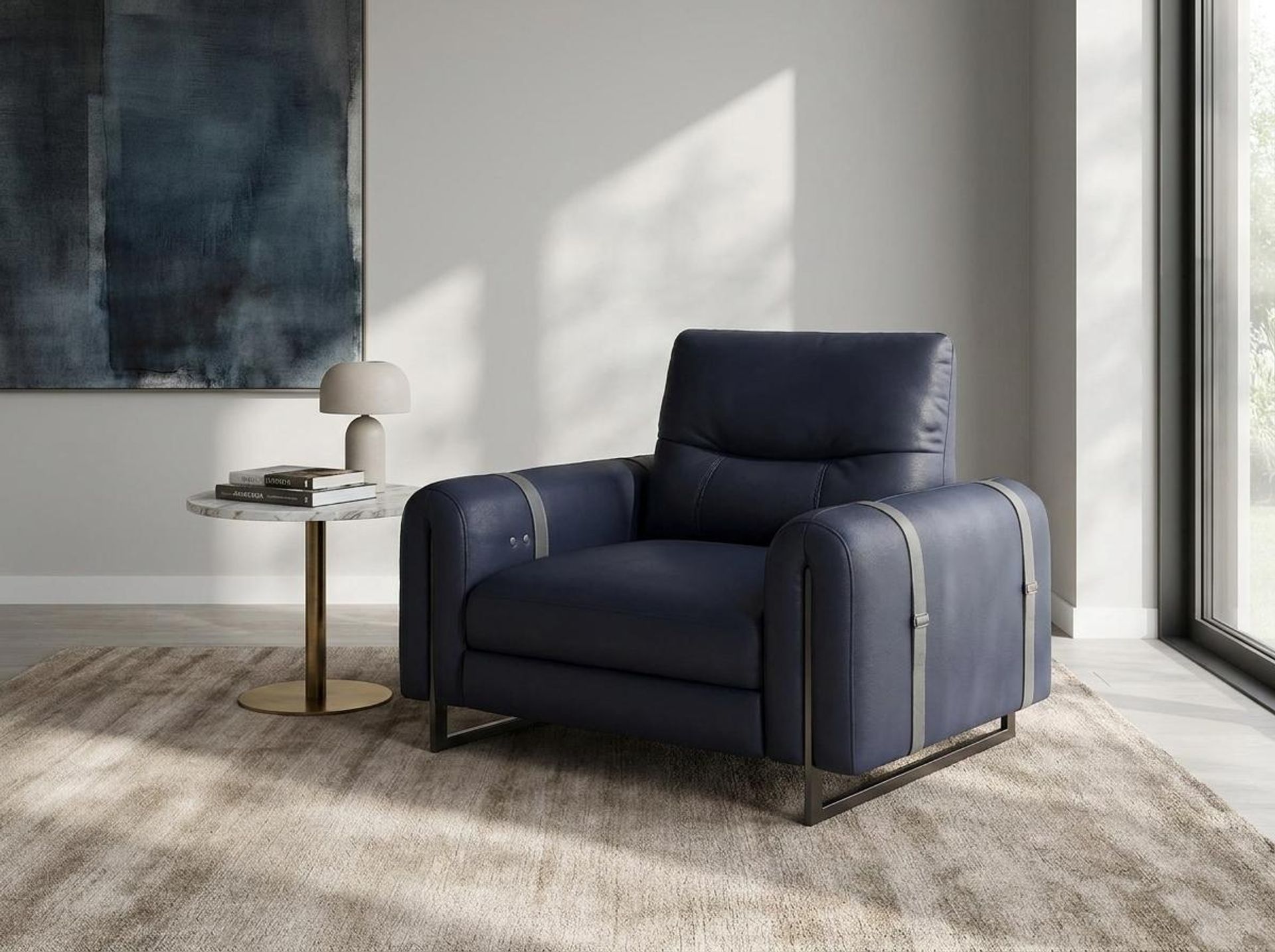 Fergus Relaxed Seat,Static Mechanism, 1 Seater Sofa, Arctic Blue Zenith Leather Essential