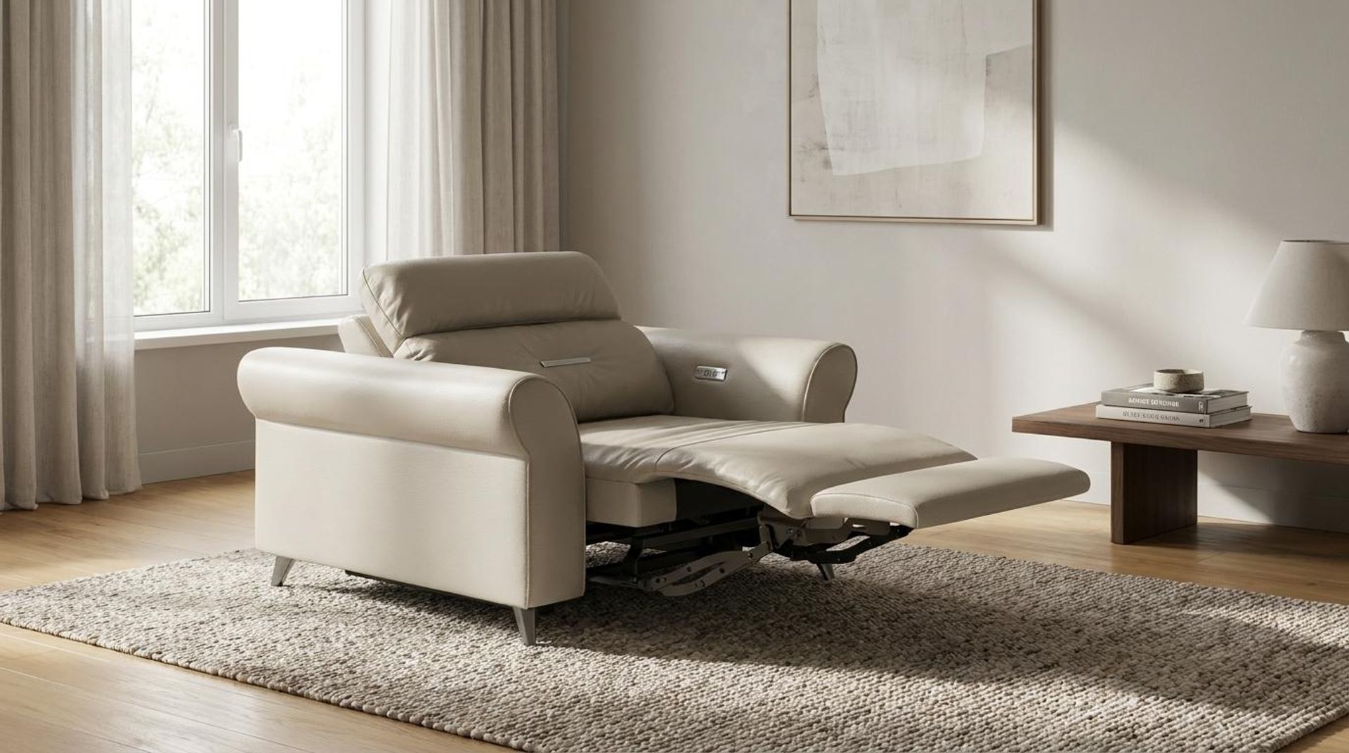 Florian Compact Seat,Electric Recliner Mechanism, 1 Seater ( 1 RR), Alabaster Veil Vegan Leather